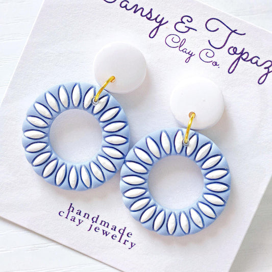 Polymer Clay Earrings: The Zoey - Embossed Floral Design, Round Hoop Earrings, Blue and White, Pastel Polymer Clay, Gift for Her