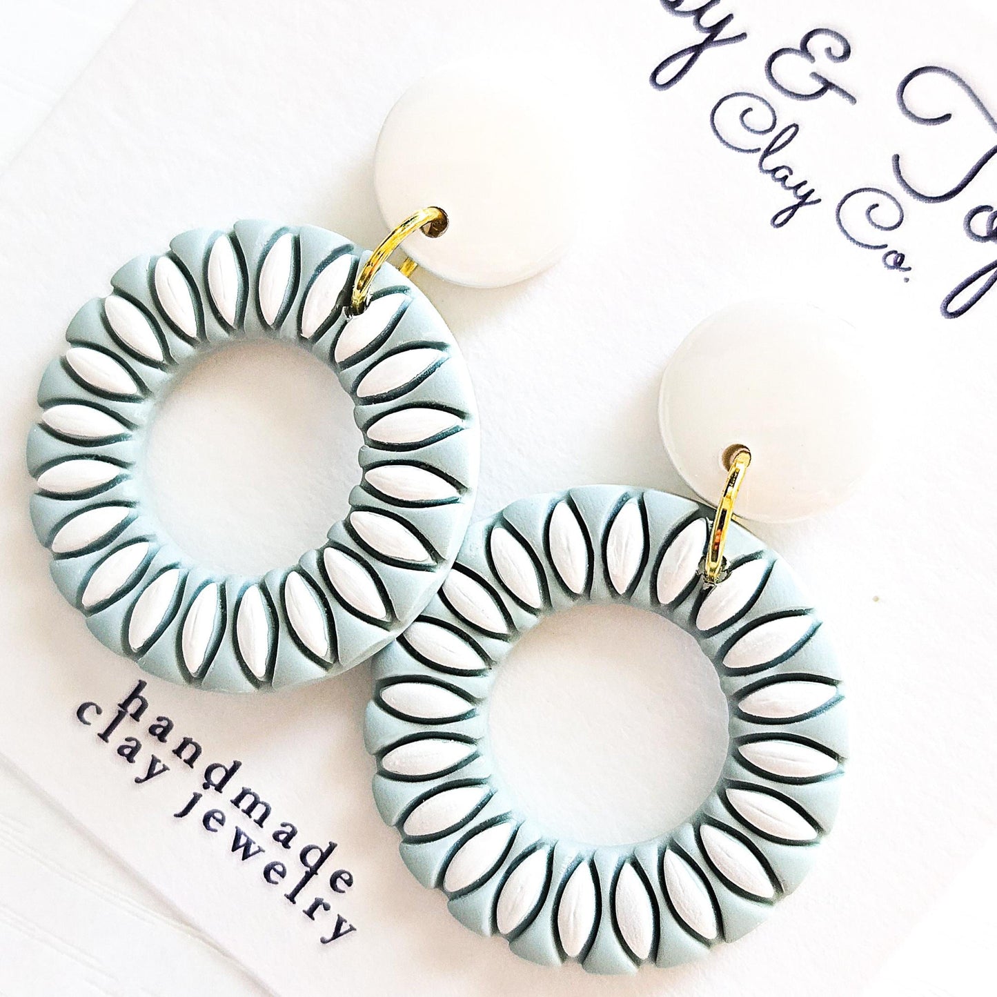 Polymer Clay Earrings: The Zoey - Embossed Floral Design, Round Hoop Earrings, Blue and White, Pastel Polymer Clay, Gift for Her