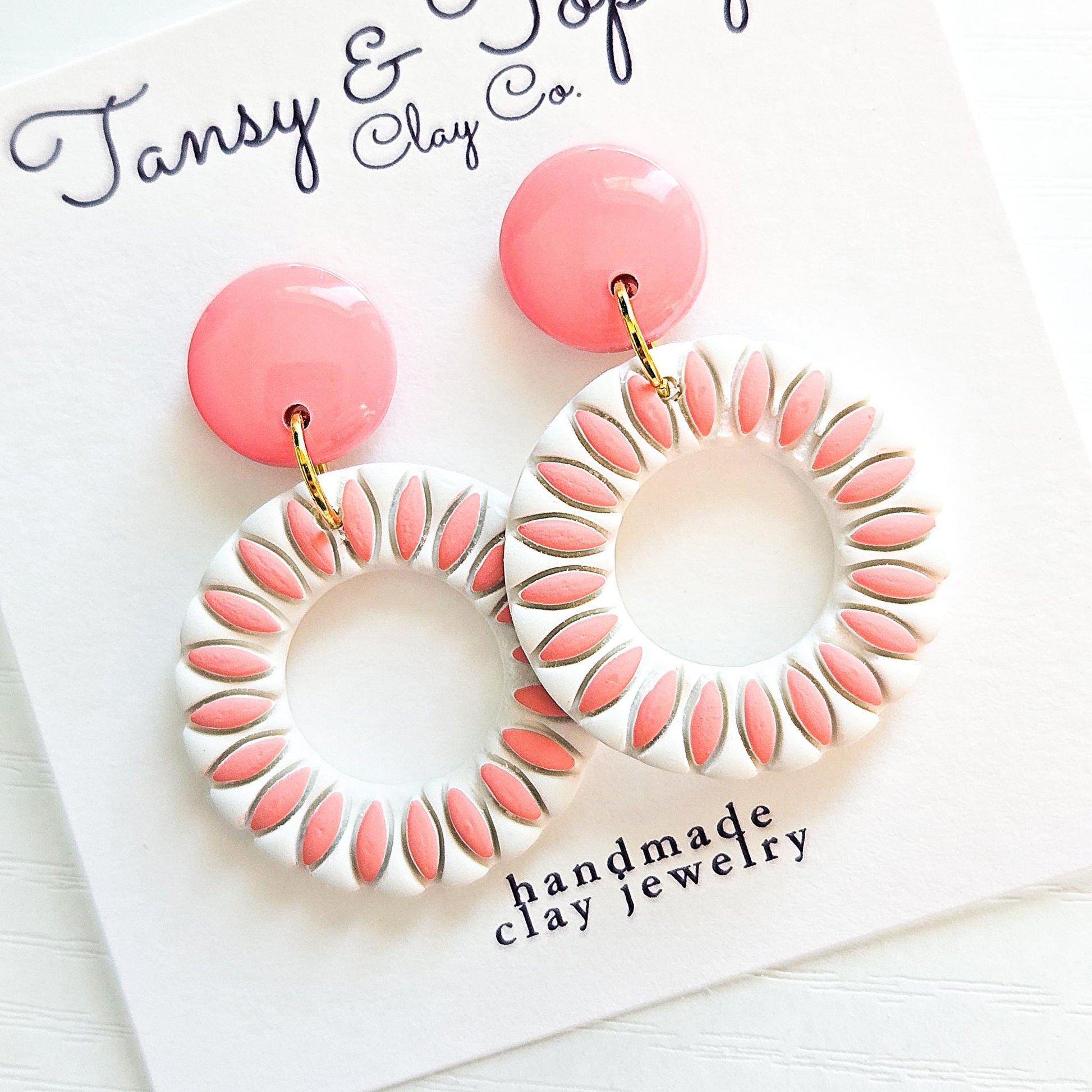 Polymer Clay Earrings: The Zoey - Embossed Floral Design, Round Hoop Earrings, Blue and White, Pastel Polymer Clay, Gift for Her