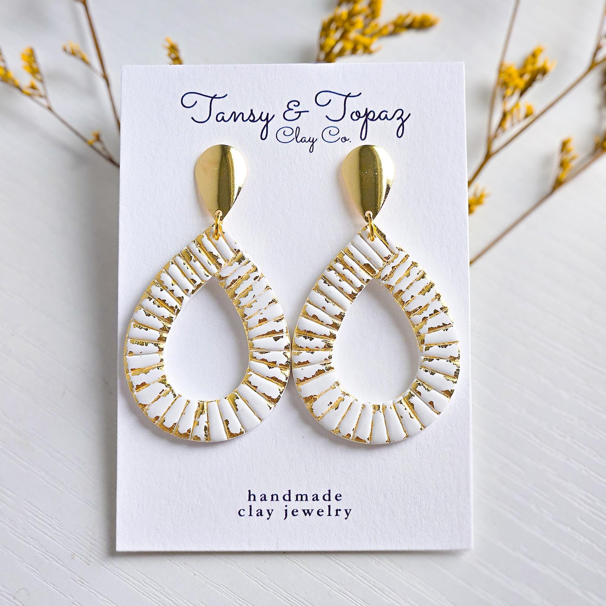 Polymer Clay Earrings: The Parker - Teardrop Earrings, Gold Leaf, Silver Leaf, Ribbed Texture, Platinum and Gold, Fall Jewelry, Gift for Her