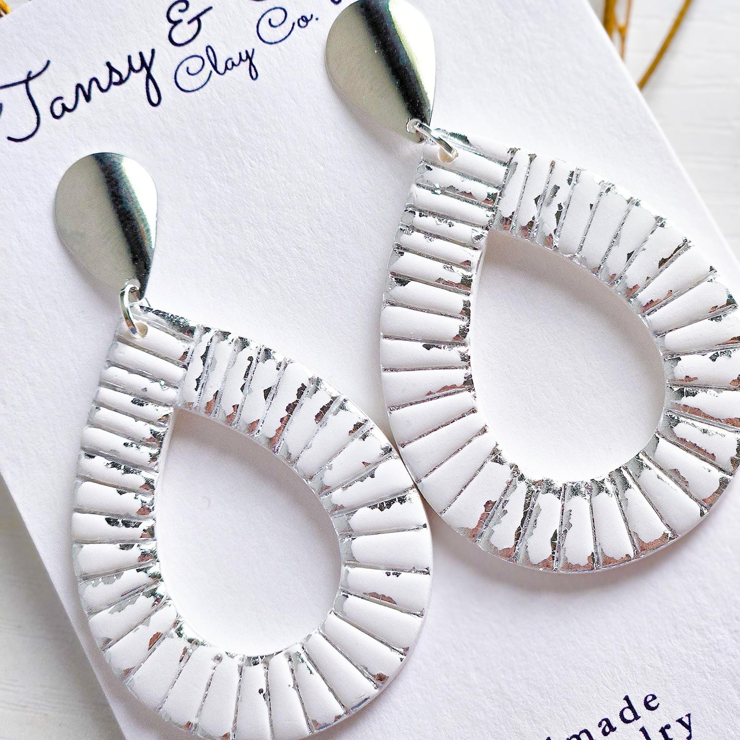 Polymer Clay Earrings: The Parker - Teardrop Earrings, Gold Leaf, Silver Leaf, Ribbed Texture, Platinum and Gold, Fall Jewelry, Gift for Her