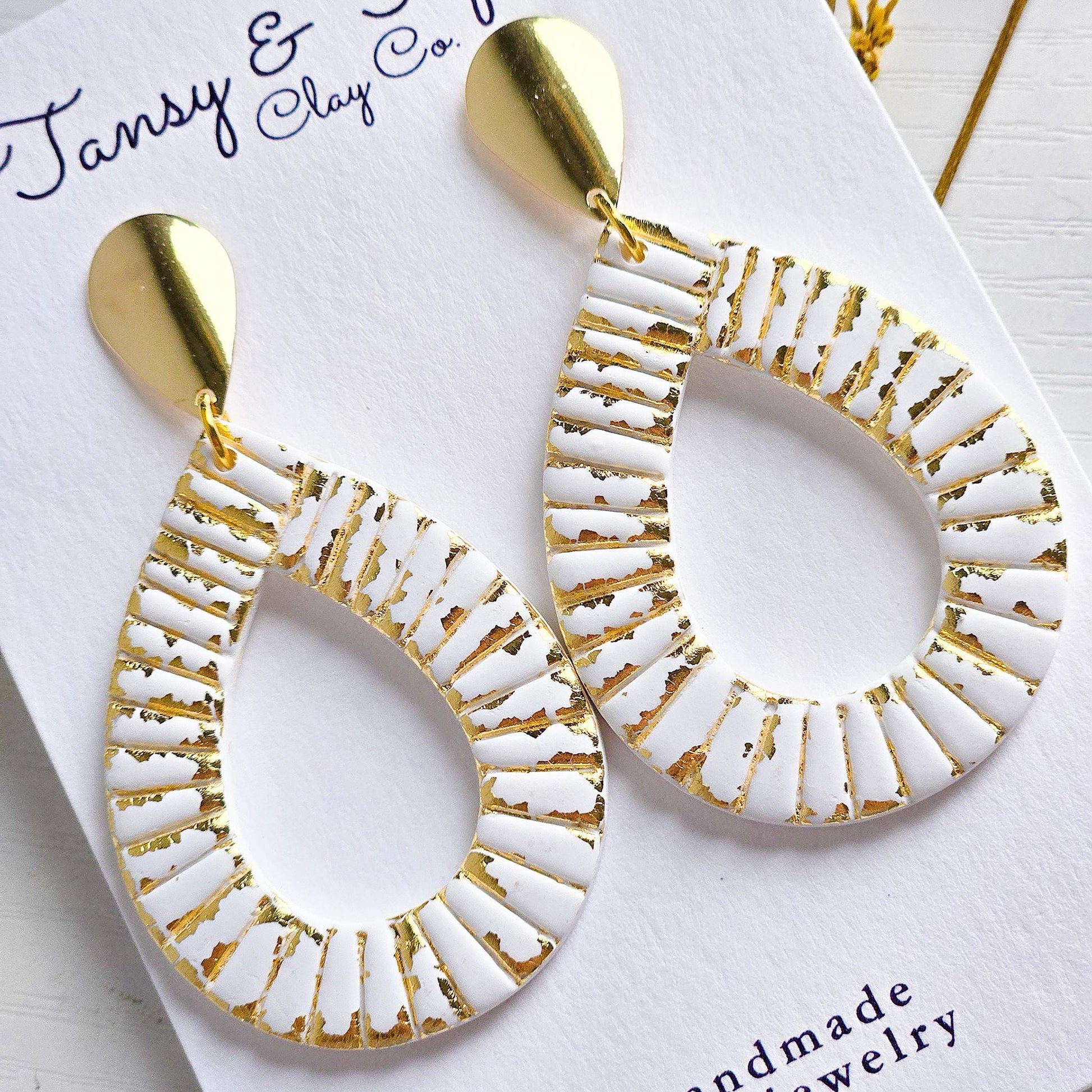 Polymer Clay Earrings: The Parker - Teardrop Earrings, Gold Leaf, Silver Leaf, Ribbed Texture, Platinum and Gold, Fall Jewelry, Gift for Her