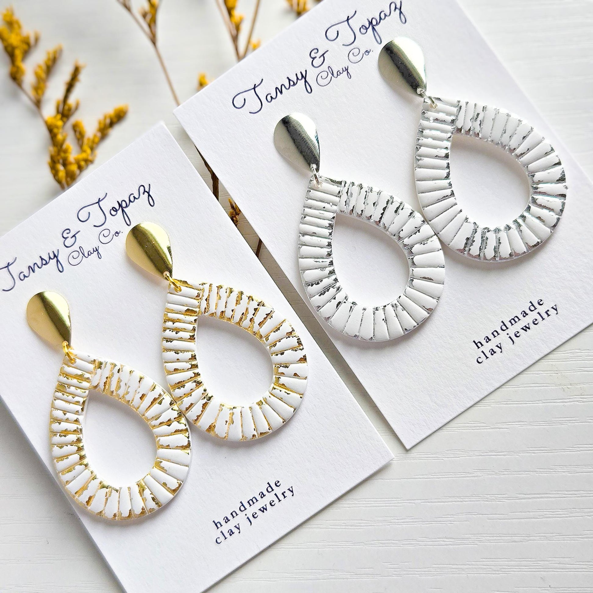 Polymer Clay Earrings: The Parker - Teardrop Earrings, Gold Leaf, Silver Leaf, Ribbed Texture, Platinum and Gold, Fall Jewelry, Gift for Her