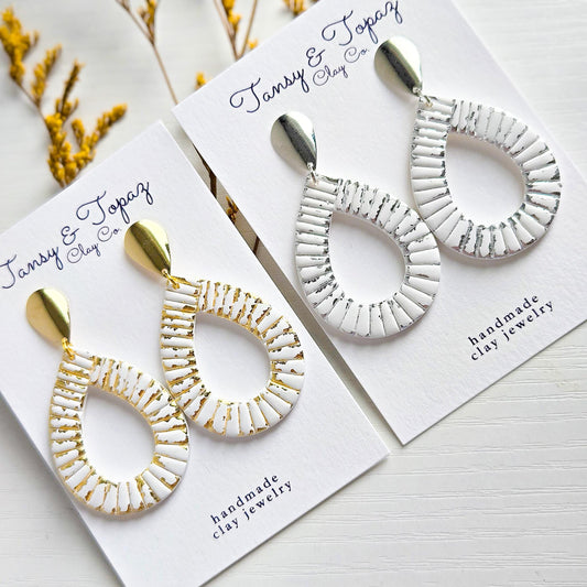 Polymer Clay Earrings: The Parker - Teardrop Earrings, Gold Leaf, Silver Leaf, Ribbed Texture, Platinum and Gold, Fall Jewelry, Gift for Her