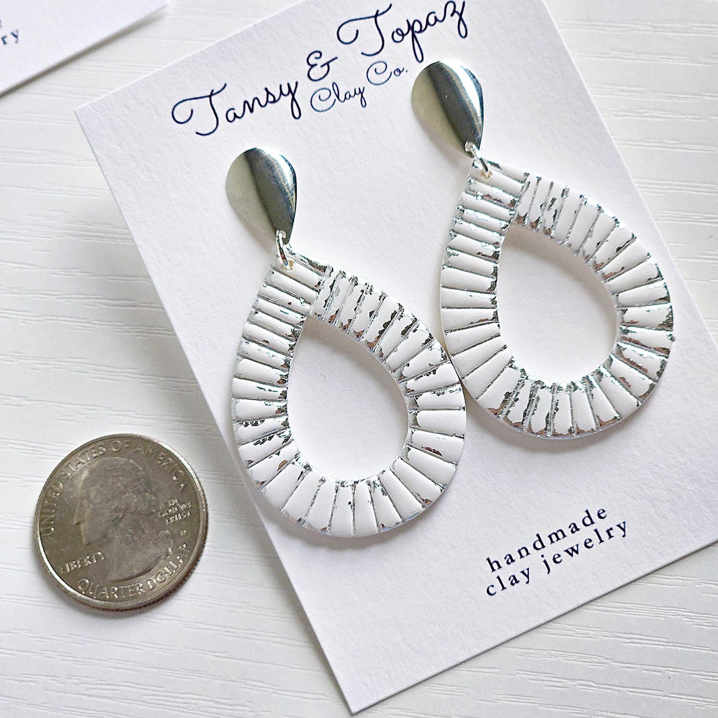 Polymer Clay Earrings: The Parker - Teardrop Earrings, Gold Leaf, Silver Leaf, Ribbed Texture, Platinum and Gold, Fall Jewelry, Gift for Her
