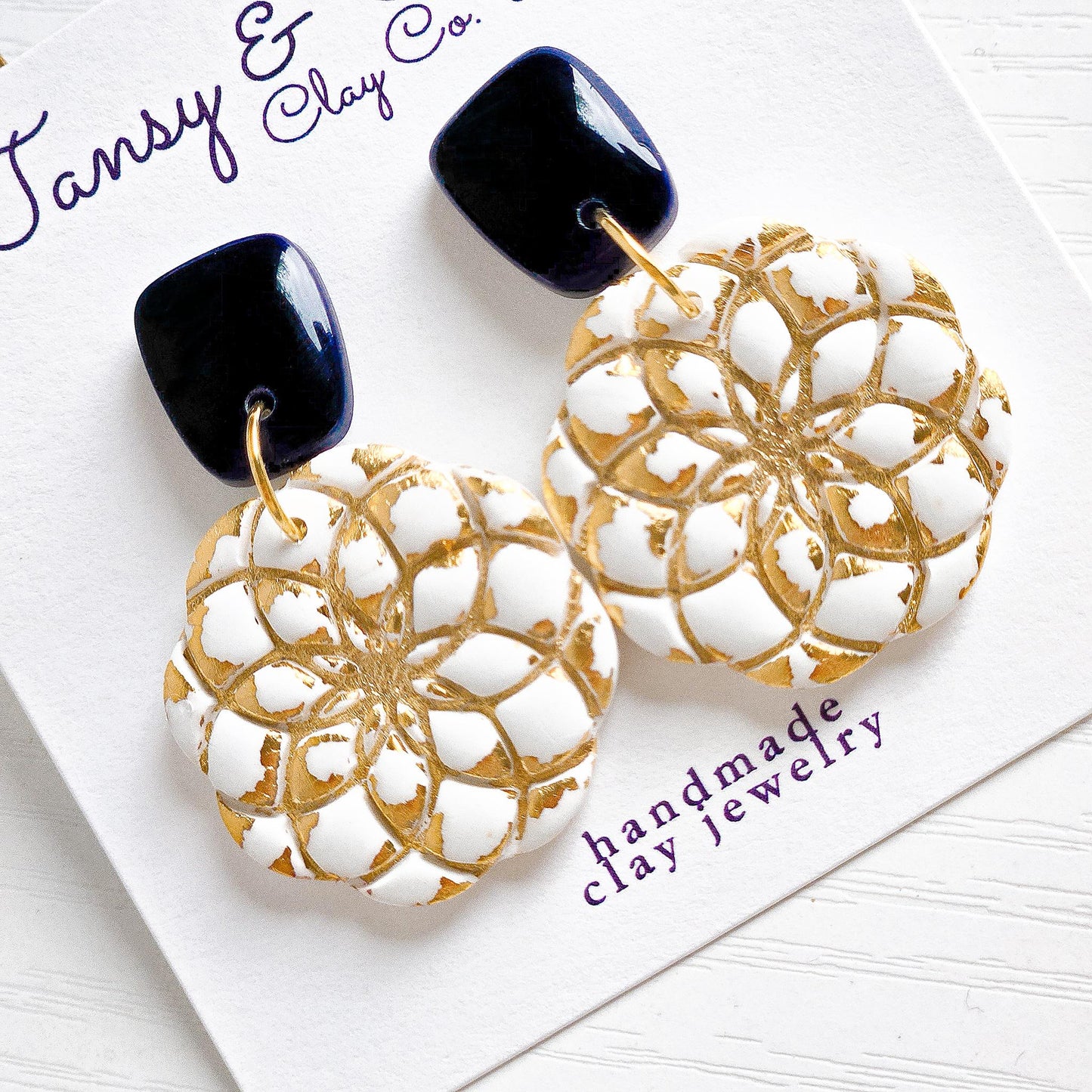 Polymer Clay Earrings: The Valerie - Gold Leaf Jewelry, Floral Embossed Earring, Navy and White, Small Flower Jewelry, Fall Jewelry Gift