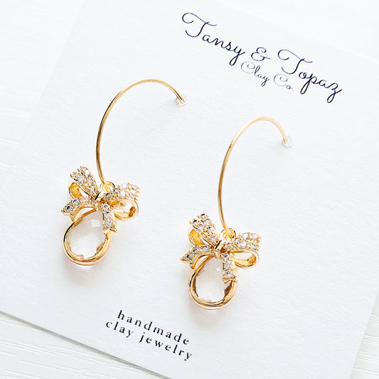 Gold Bow Earrings: The Georgia - Cubic Zirconia, Gemstone Dangle Earrings, Gold Hoop Earrings, 18k Gold Plated Jewelry, Gift for Her