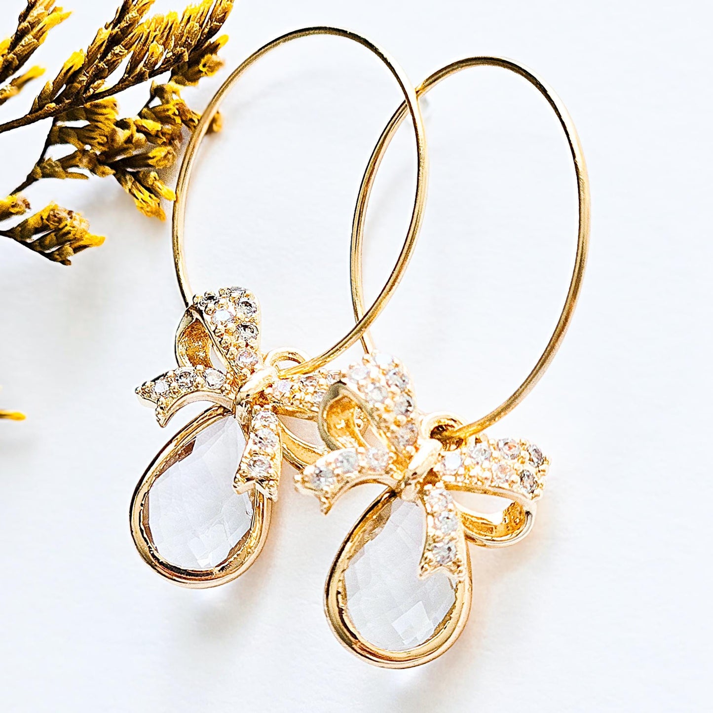 Gold Bow Earrings: The Georgia - Cubic Zirconia, Gemstone Dangle Earrings, Gold Hoop Earrings, 18k Gold Plated Jewelry, Gift for Her