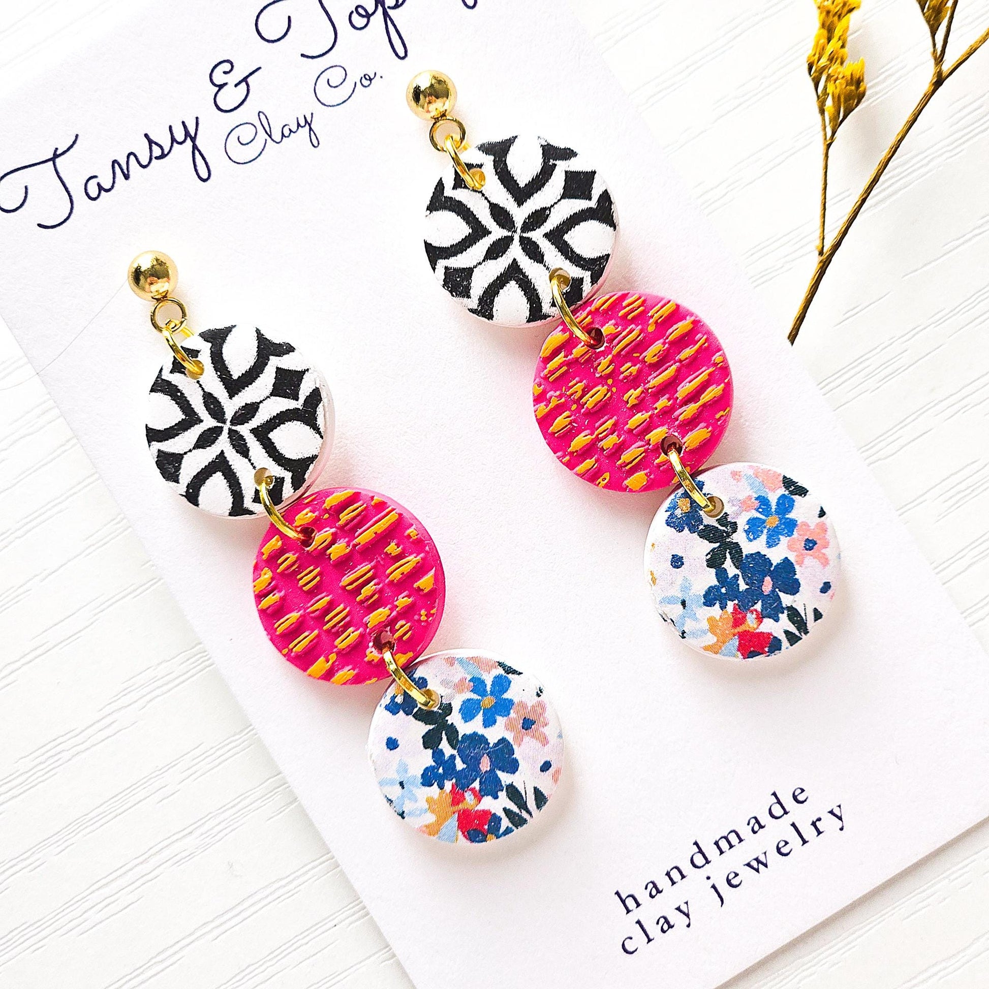 Polymer Clay Earrings: The Jodi - Round Earrings, Floral Print, Pink and Gold, 18k Gold Plated Jewelry, Fall Earrings, Gifts For Her