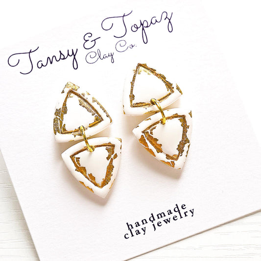 Polymer Clay Earrings: The Alexis - Gold Leaf Earrings, Triangle Shape, Dangle Earrings, Embossed Drop Earrings, Fall Jewelry, Gift for Her