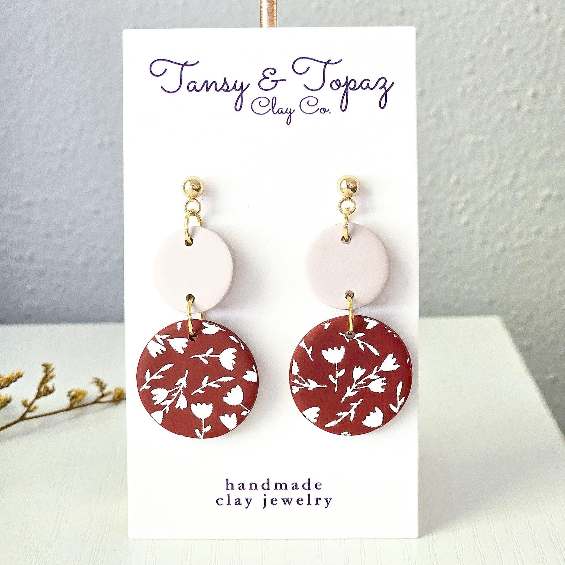 Polymer Clay Earrings: The Jocelyn - Tulip Print, Burgundy Neutral Dangle, 18k Gold Plated Jewelry, Floral Earrings, Fall Jewelry Gift