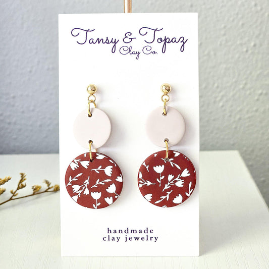 Polymer Clay Earrings: The Jocelyn - Tulip Print, Burgundy Neutral Dangle, 18k Gold Plated Jewelry, Floral Earrings, Fall Jewelry Gift