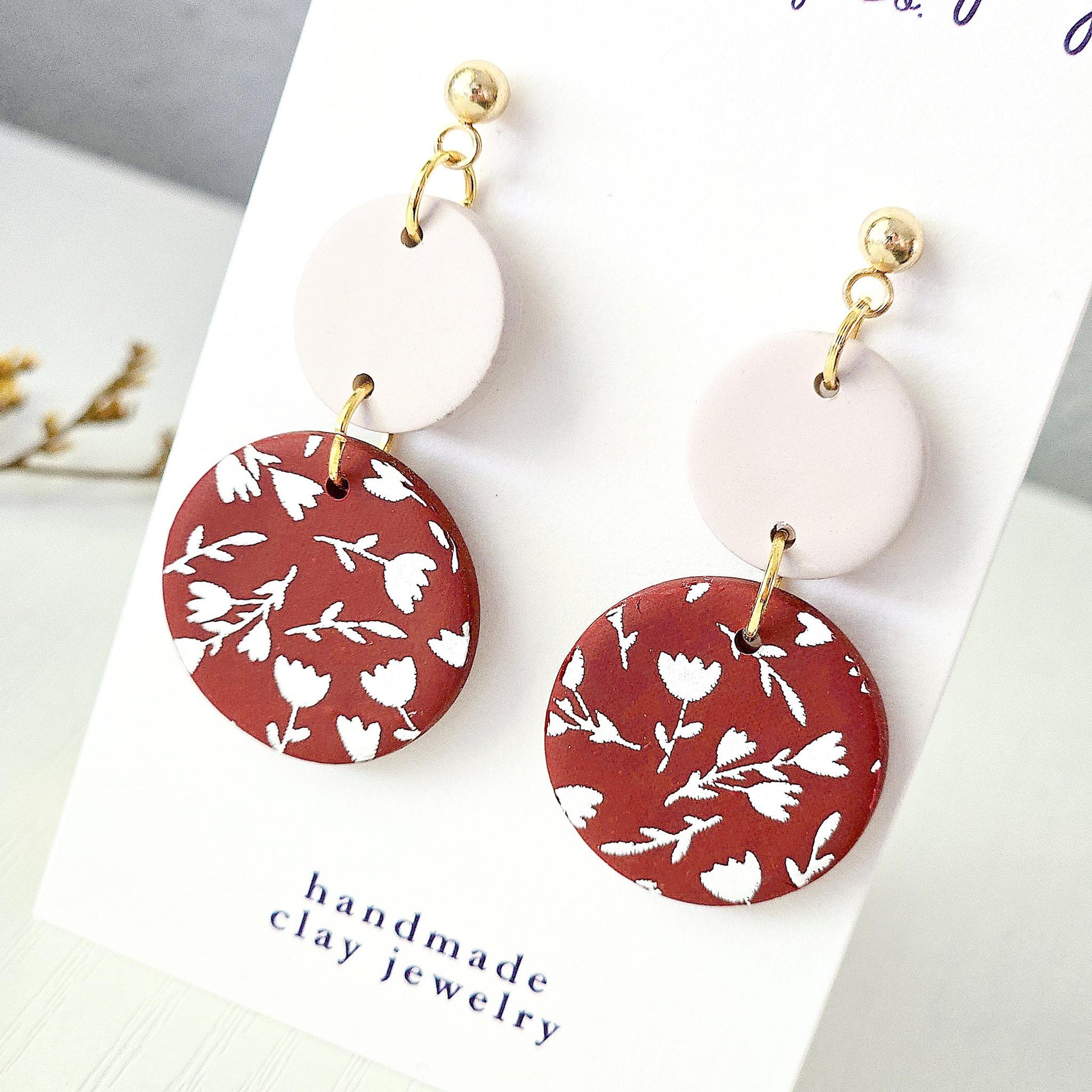 Polymer Clay Earrings: The Jocelyn - Tulip Print, Burgundy Neutral Dangle, 18k Gold Plated Jewelry, Floral Earrings, Fall Jewelry Gift