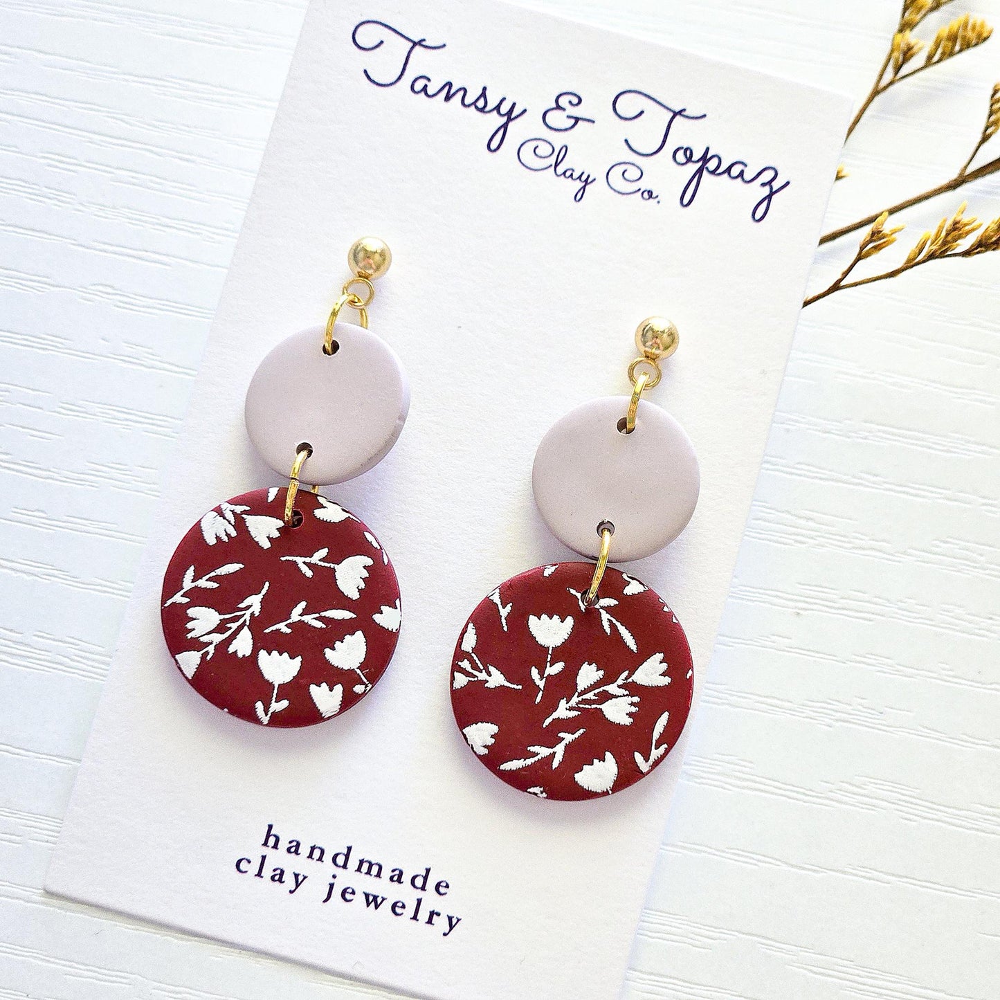 Polymer Clay Earrings: The Jocelyn - Tulip Print, Burgundy Neutral Dangle, 18k Gold Plated Jewelry, Floral Earrings, Fall Jewelry Gift