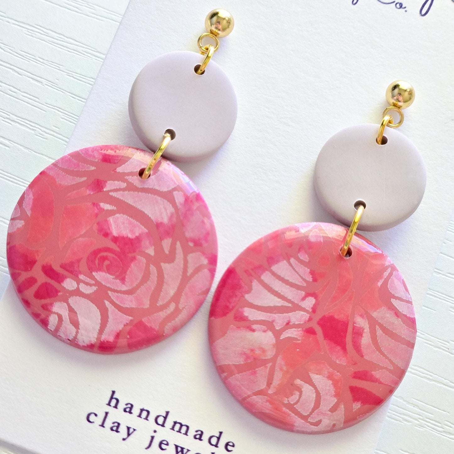 Polymer Clay Earrings: The Ruth - Pink Rose Earrings, Floral Statement Earrings, 18k Gold Jewelry, Gifts for Her, Flower Embossed Earrings