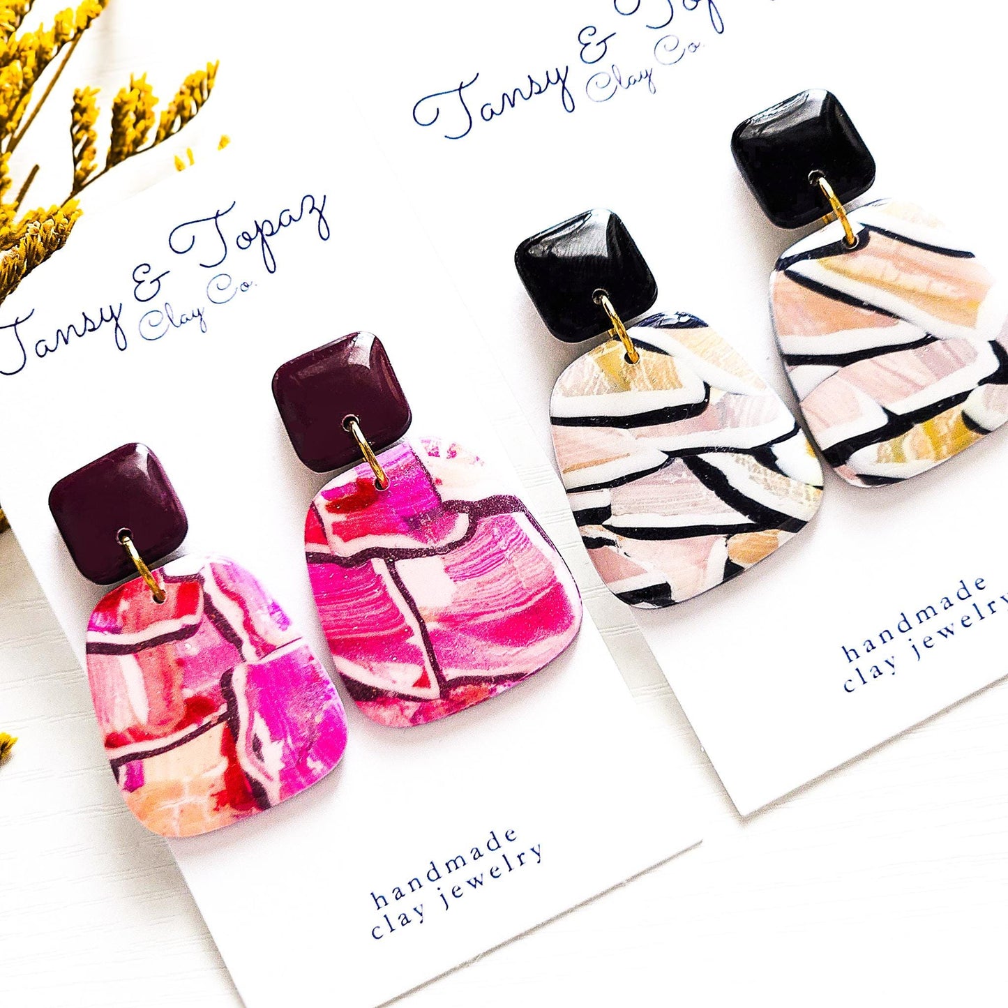 Polymer Clay Earrings: The Gina - Watercolor Marbled Clay Dangle, Trapezoid Shape, Fall Jewelry, Gift for Her, 18k Gold Plated Jewelry
