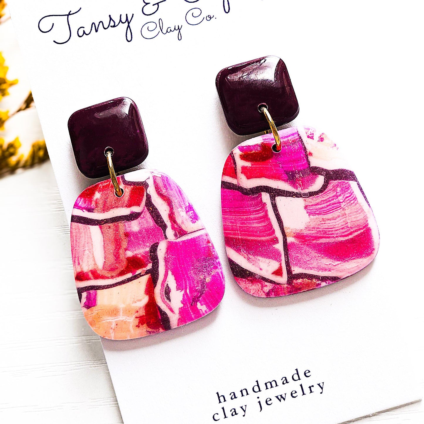 Polymer Clay Earrings: The Gina - Watercolor Marbled Clay Dangle, Trapezoid Shape, Fall Jewelry, Gift for Her, 18k Gold Plated Jewelry