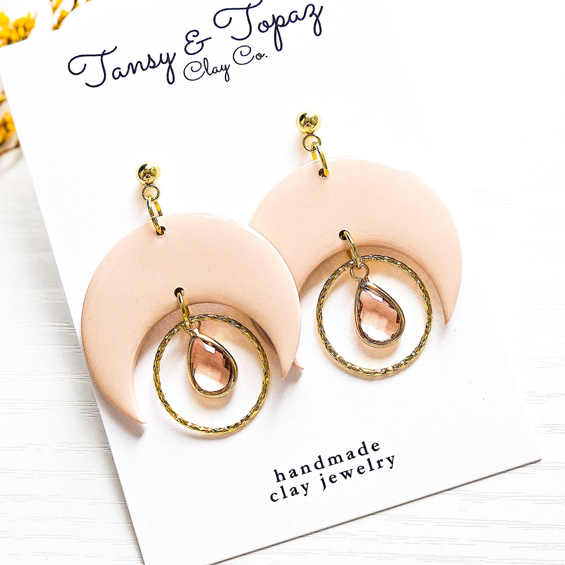Polymer Clay Earrings: The Naomi - Moon and Gemstone Earrings, 18k Gold Plated Jewelry, Boho Jewelry, Teardrop Gem, Handmade Clay Earrings