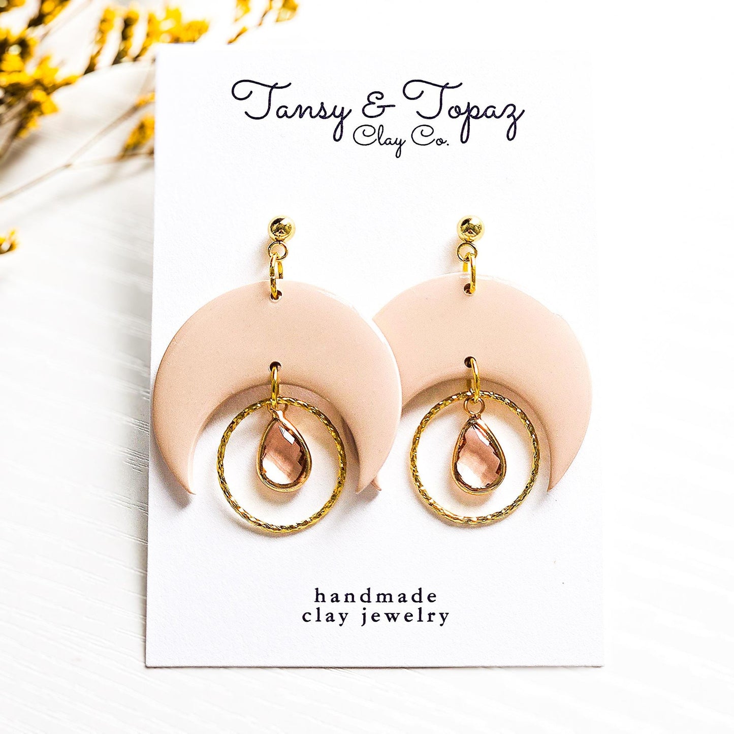 Polymer Clay Earrings: The Naomi - Moon and Gemstone Earrings, 18k Gold Plated Jewelry, Boho Jewelry, Teardrop Gem, Handmade Clay Earrings