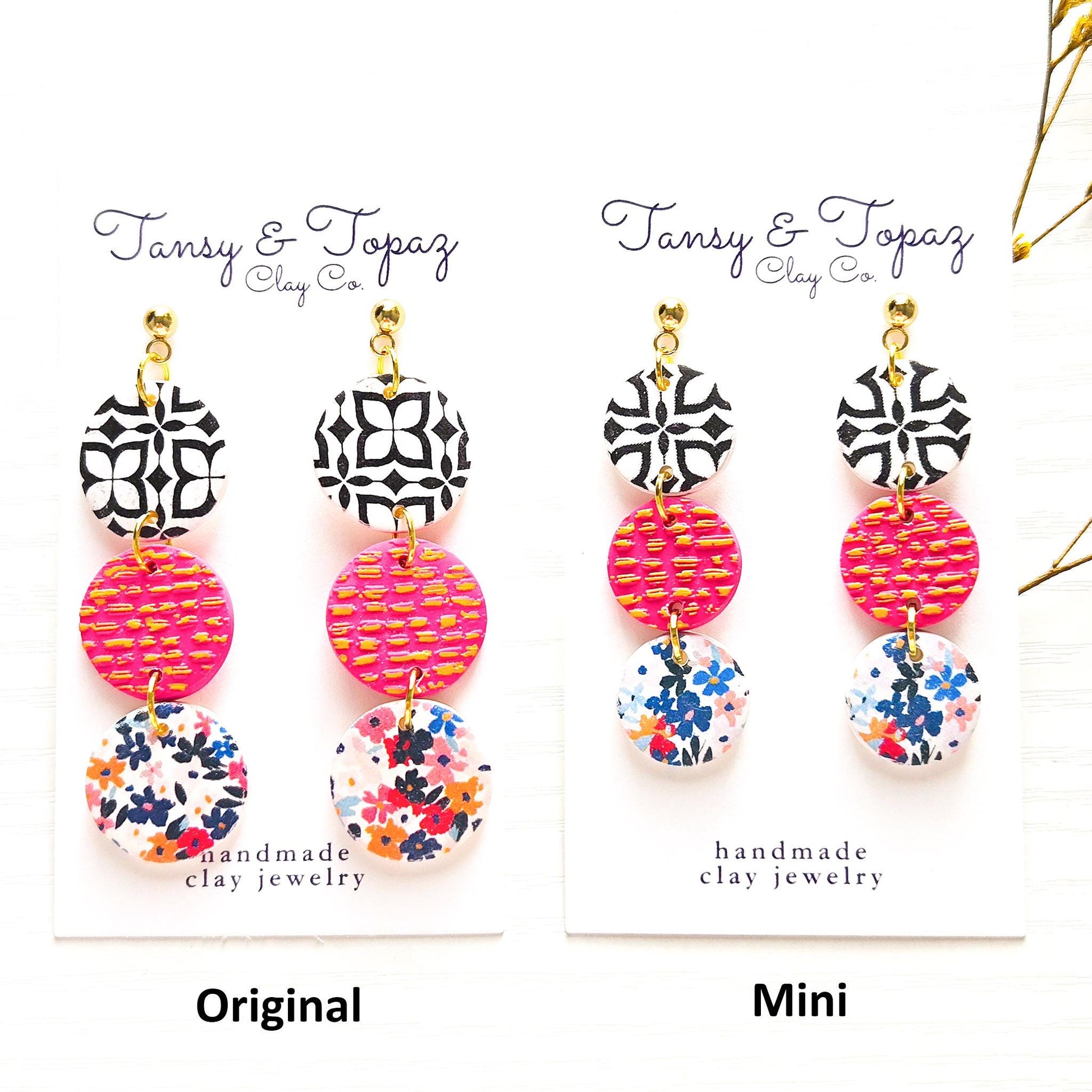 Polymer Clay Earrings: The Jodi - Round Earrings, Floral Print, Pink and Gold, 18k Gold Plated Jewelry, Fall Earrings, Gifts For Her