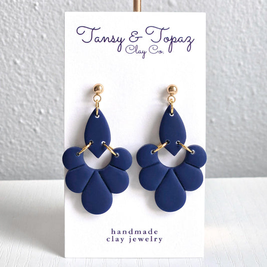Polymer Clay Earrings: The Philomena - Fall Jewelry, Leaf Earrings, Embossed Dangle Earrings, Gift for Her, Navy Blue Earrings