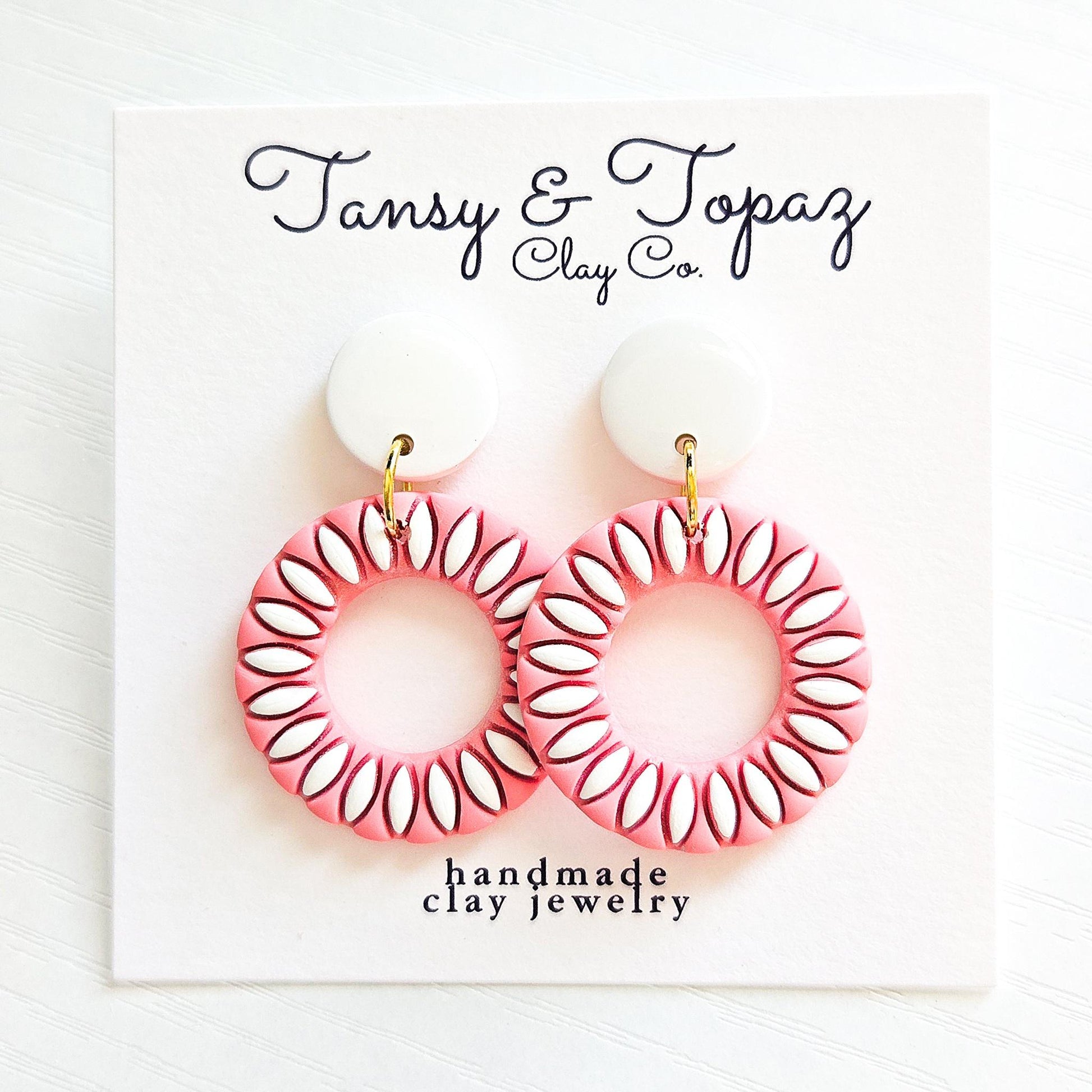 Polymer Clay Earrings: The Zoey - Embossed Floral Design, Round Hoop Earrings, Blue and White, Pastel Polymer Clay, Gift for Her