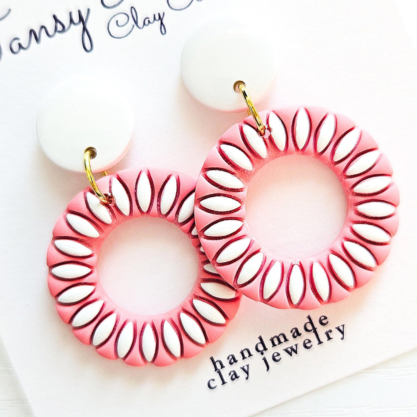 Polymer Clay Earrings: The Zoey - Embossed Floral Design, Round Hoop Earrings, Blue and White, Pastel Polymer Clay, Gift for Her