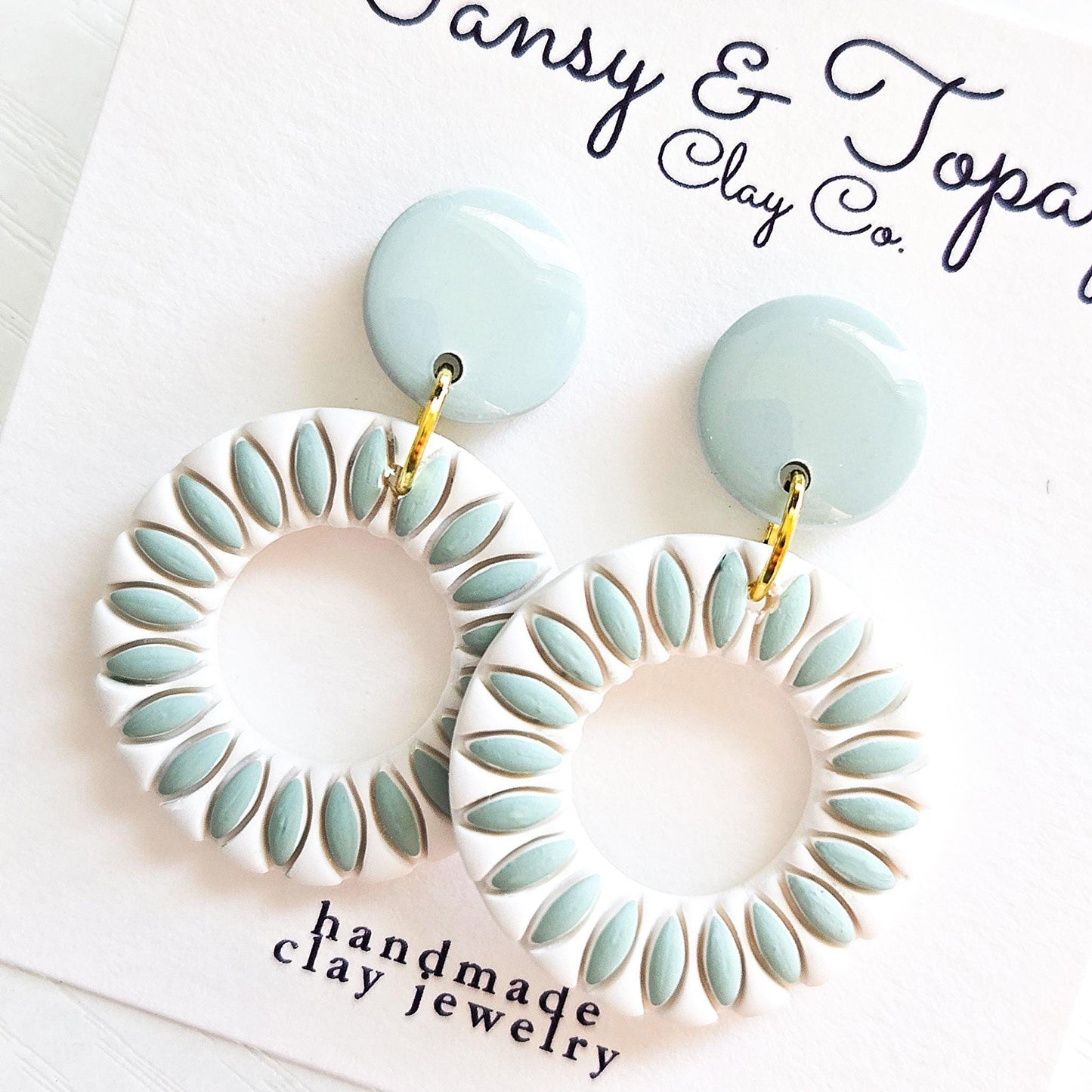 Polymer Clay Earrings: The Zoey - Embossed Floral Design, Round Hoop Earrings, Blue and White, Pastel Polymer Clay, Gift for Her