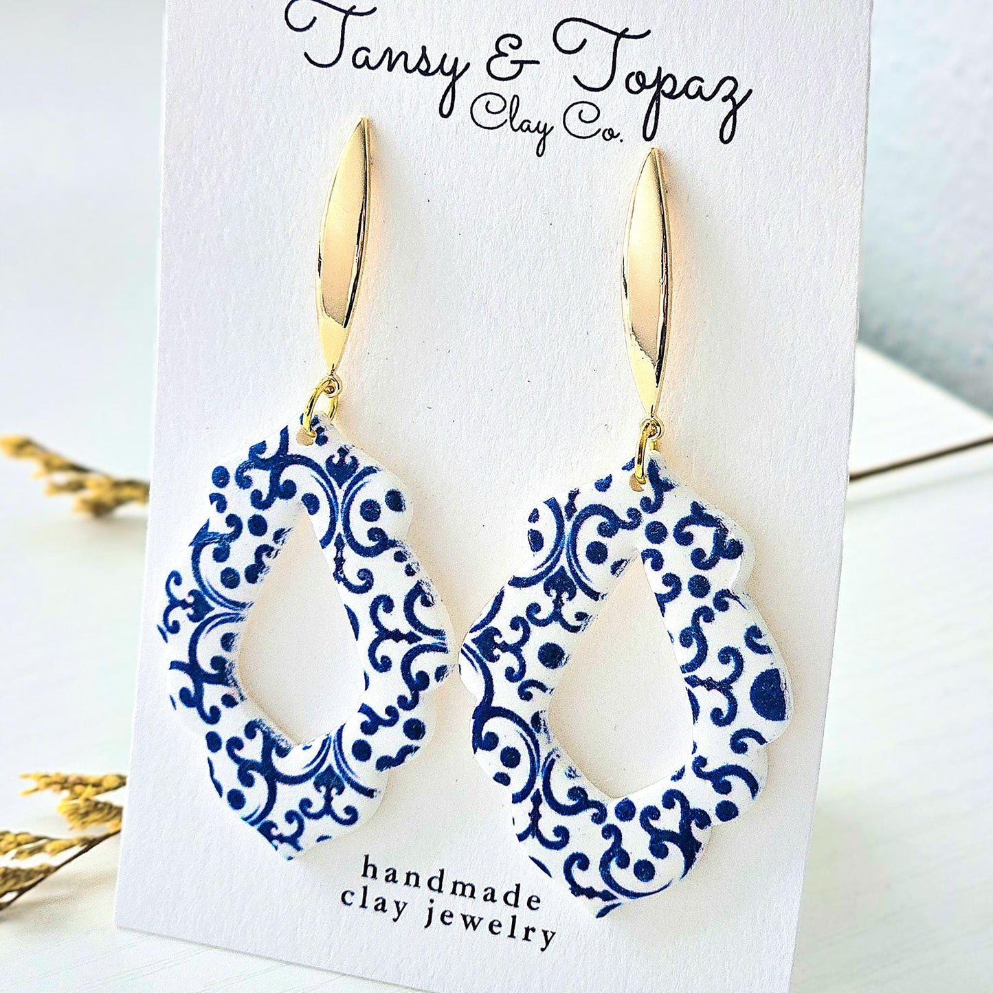 Santorini Inspired, Blue Dangle Earrings, Gold Statement Jewelry, Polymer Clay Earrings, Gift for Her, Handmade Clay Jewelry