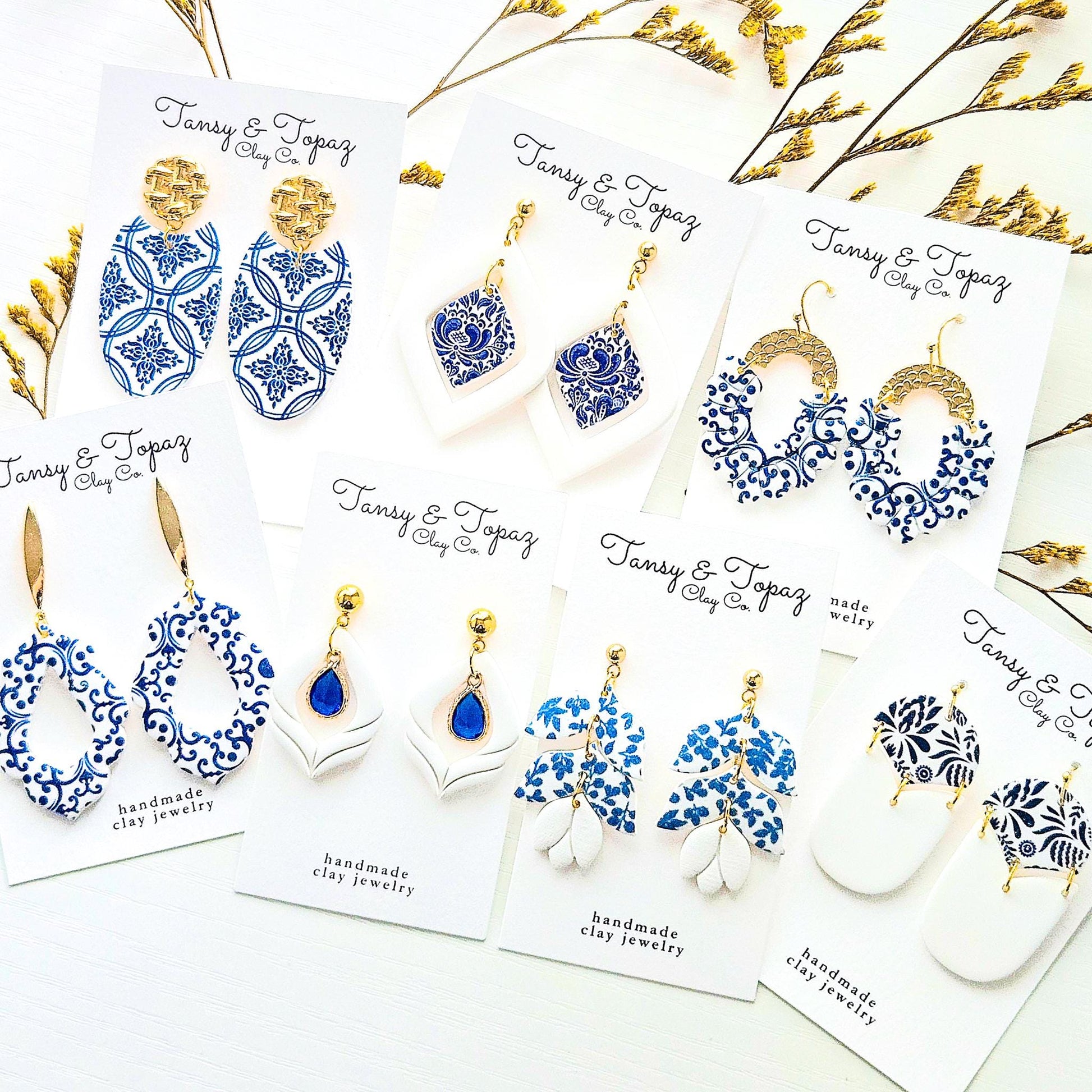 Santorini Inspired, Blue Dangle Earrings, Gold Statement Jewelry, Polymer Clay Earrings, Gift for Her, Handmade Clay Jewelry