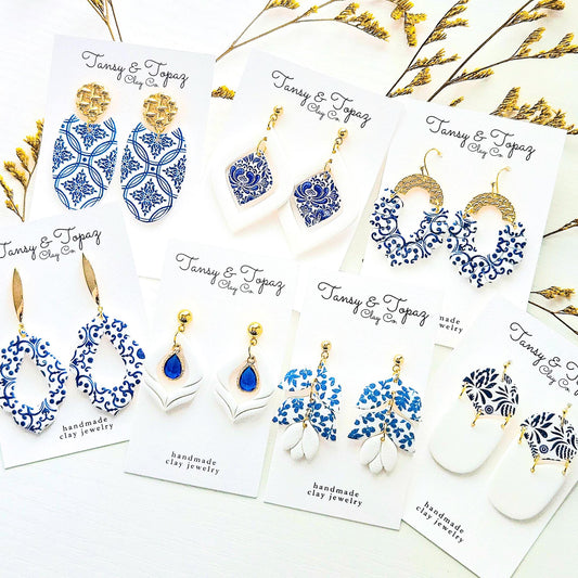 Santorini Inspired, Blue Dangle Earrings, Gold Statement Jewelry, Polymer Clay Earrings, Gift for Her, Handmade Clay Jewelry