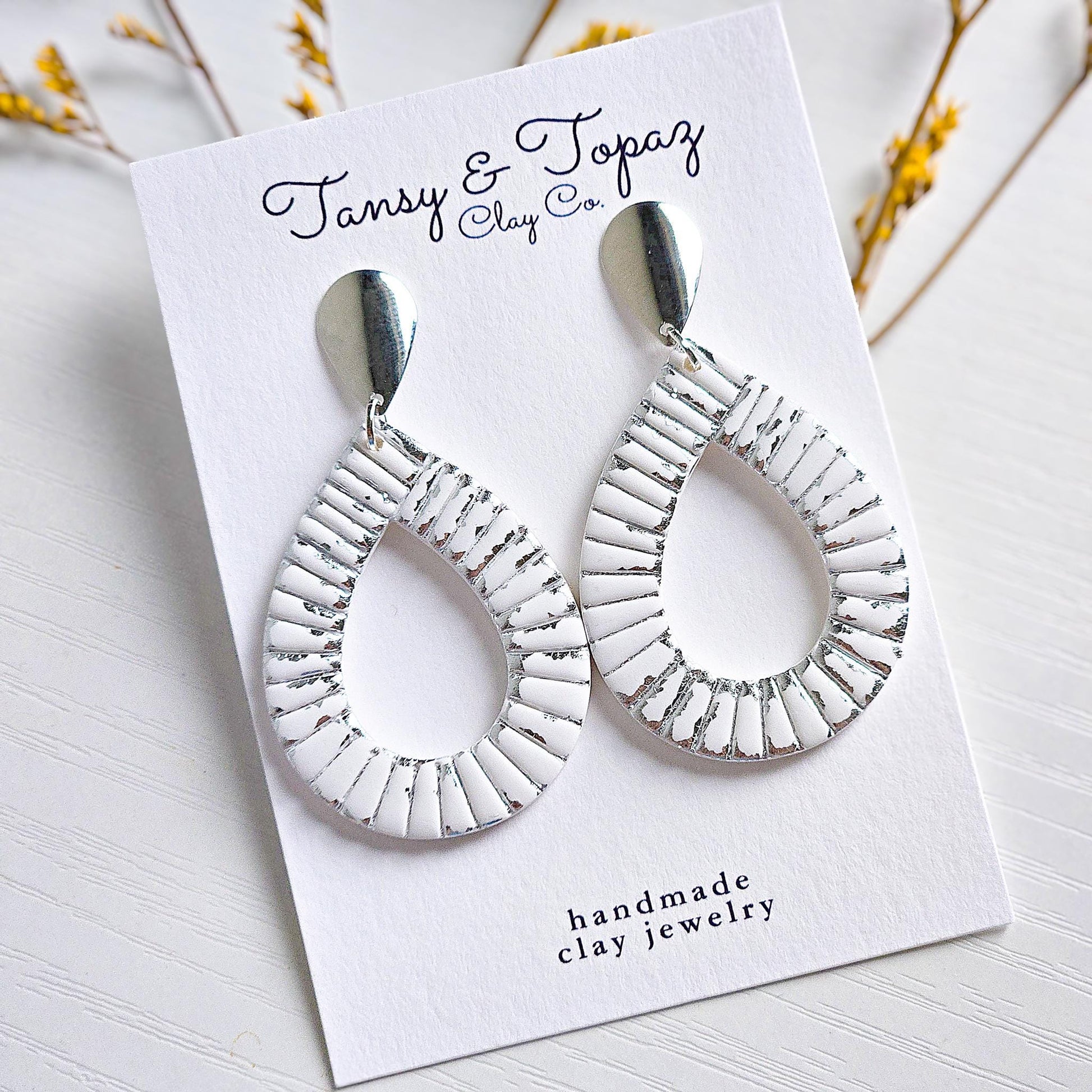 Polymer Clay Earrings: The Parker - Teardrop Earrings, Gold Leaf, Silver Leaf, Ribbed Texture, Platinum and Gold, Fall Jewelry, Gift for Her