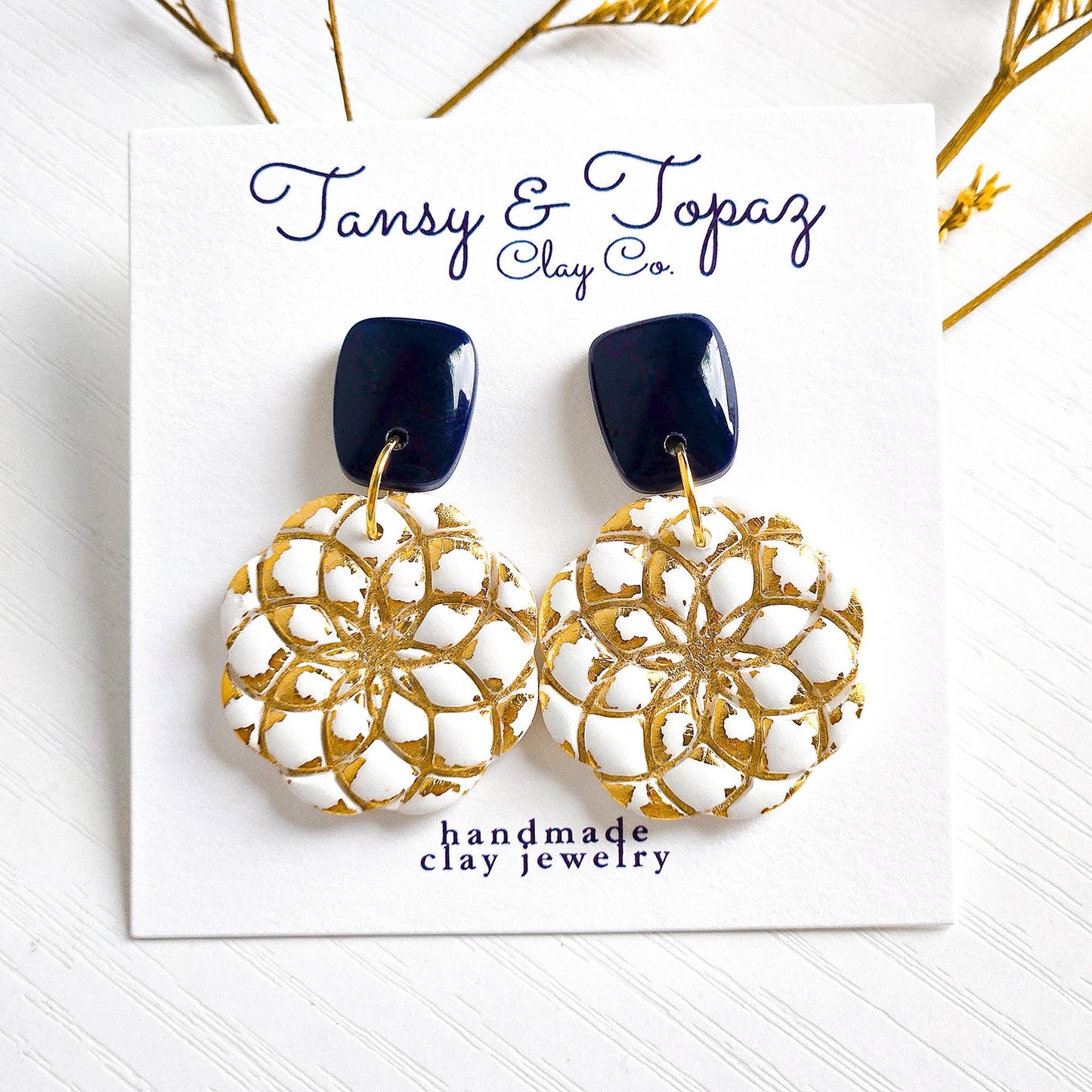 Polymer Clay Earrings: The Valerie - Gold Leaf Jewelry, Floral Embossed Earring, Navy and White, Small Flower Jewelry, Fall Jewelry Gift