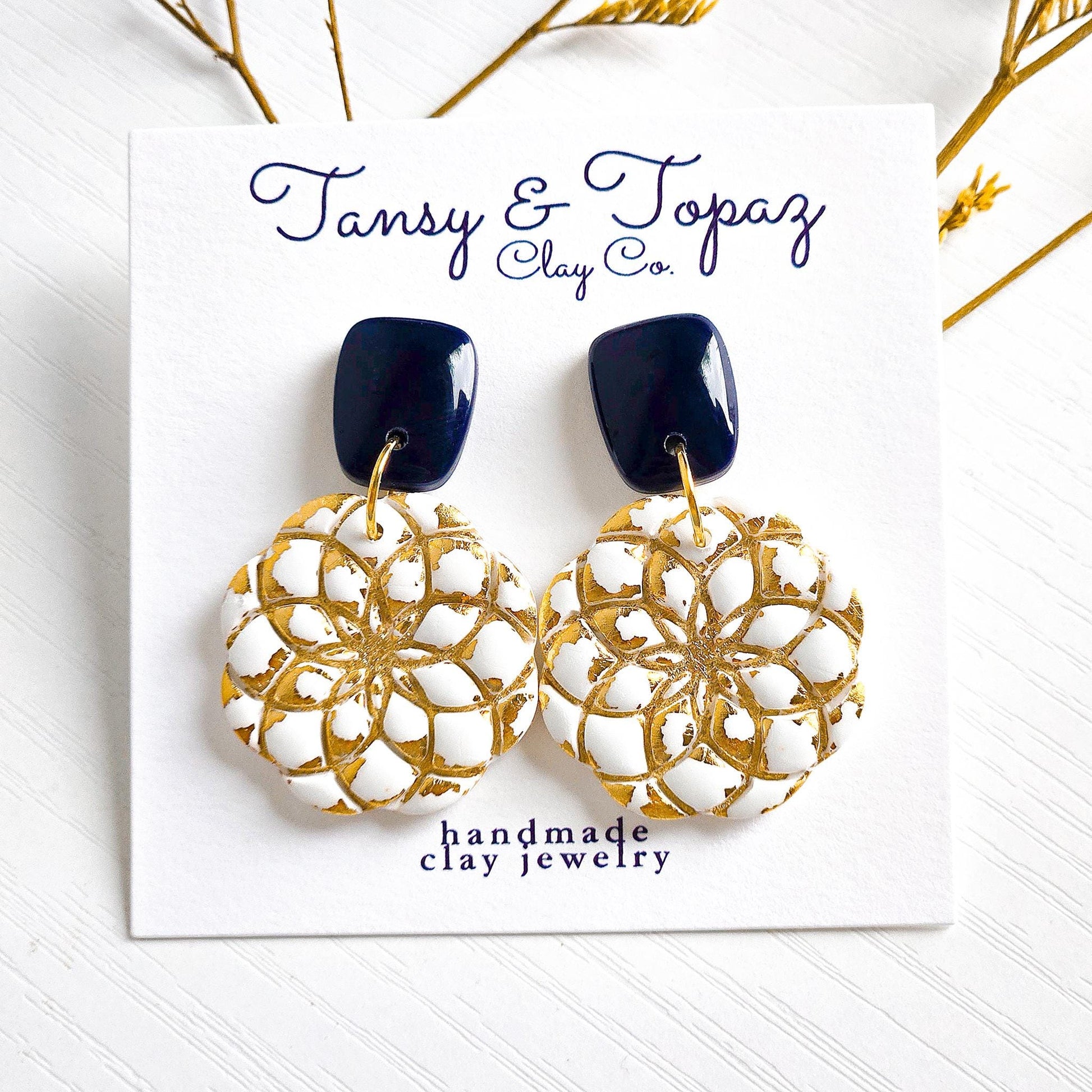 Polymer Clay Earrings: The Valerie - Gold Leaf Jewelry, Floral Embossed Earring, Navy and White, Small Flower Jewelry, Fall Jewelry Gift