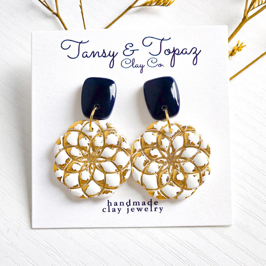 Polymer Clay Earrings: The Valerie - Gold Leaf Jewelry, Floral Embossed Earring, Navy and White, Small Flower Jewelry, Fall Jewelry Gift