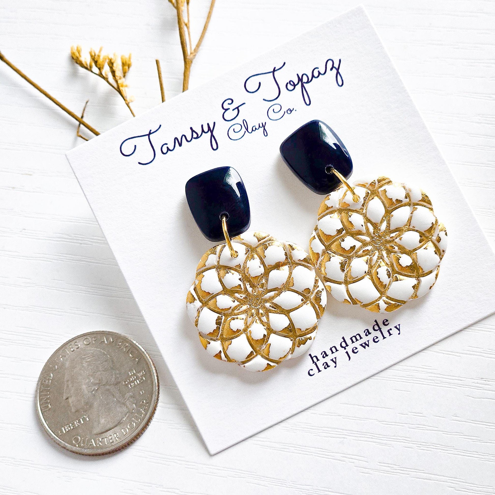 Polymer Clay Earrings: The Valerie - Gold Leaf Jewelry, Floral Embossed Earring, Navy and White, Small Flower Jewelry, Fall Jewelry Gift