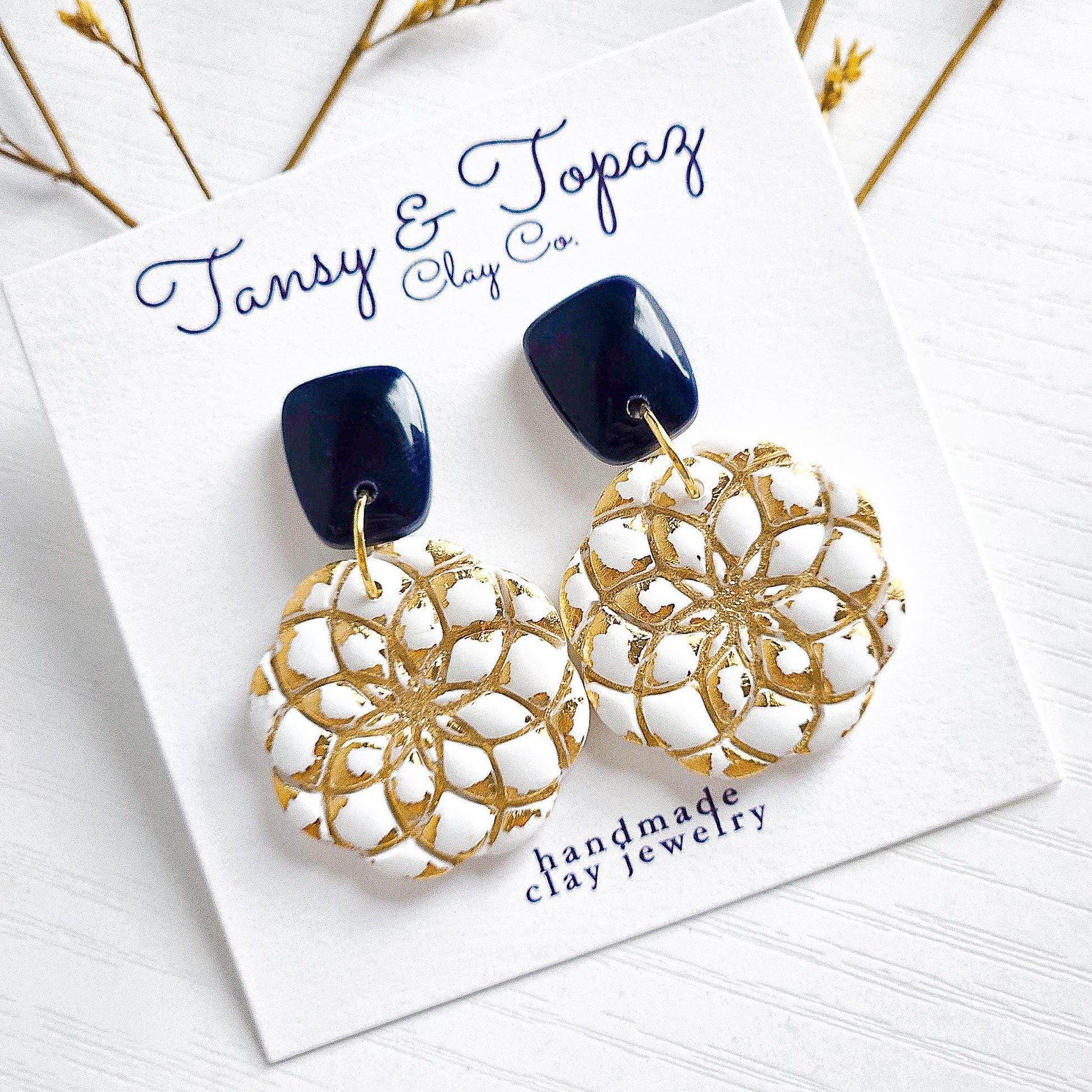 Polymer Clay Earrings: The Valerie - Gold Leaf Jewelry, Floral Embossed Earring, Navy and White, Small Flower Jewelry, Fall Jewelry Gift