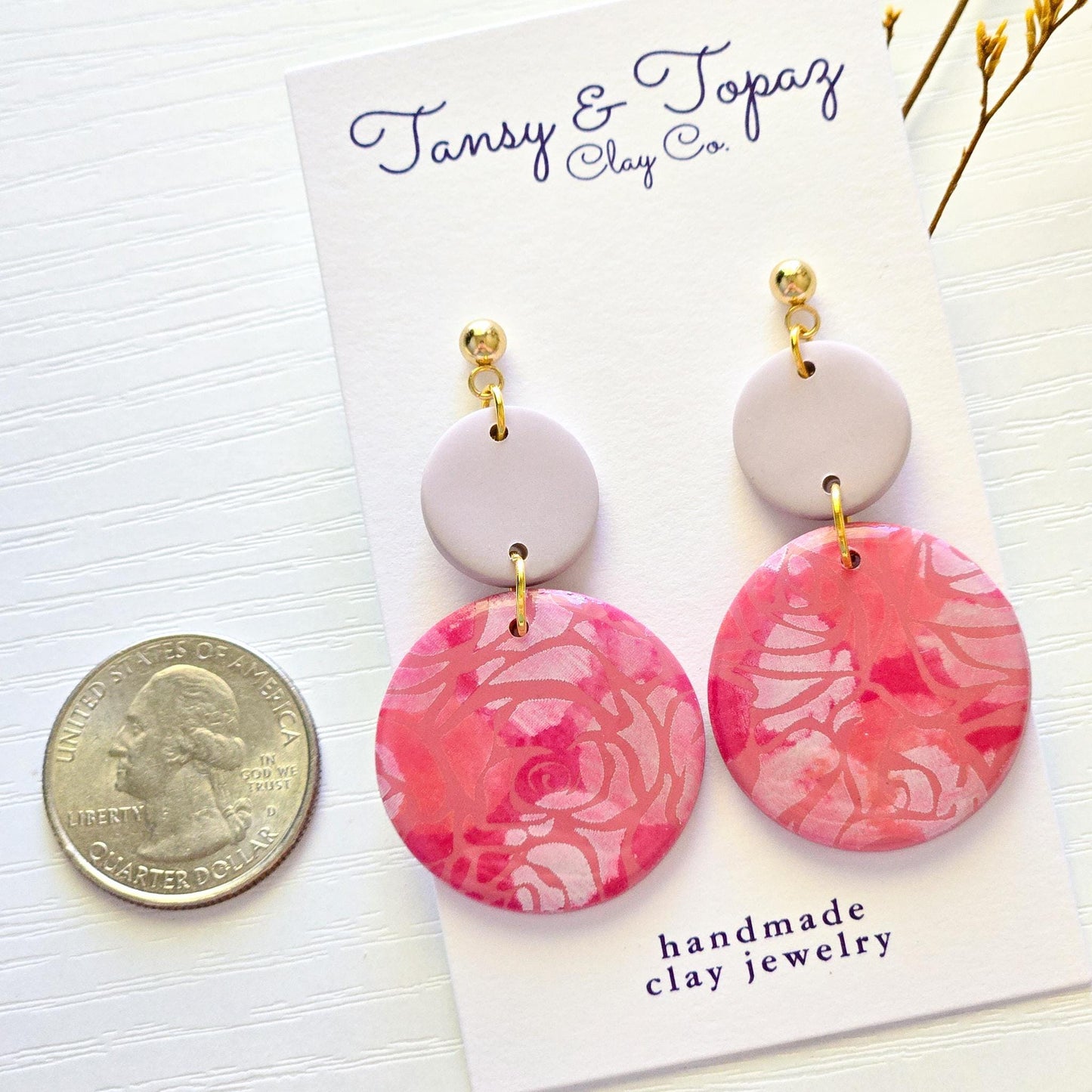Polymer Clay Earrings: The Ruth - Pink Rose Earrings, Floral Statement Earrings, 18k Gold Jewelry, Gifts for Her, Flower Embossed Earrings