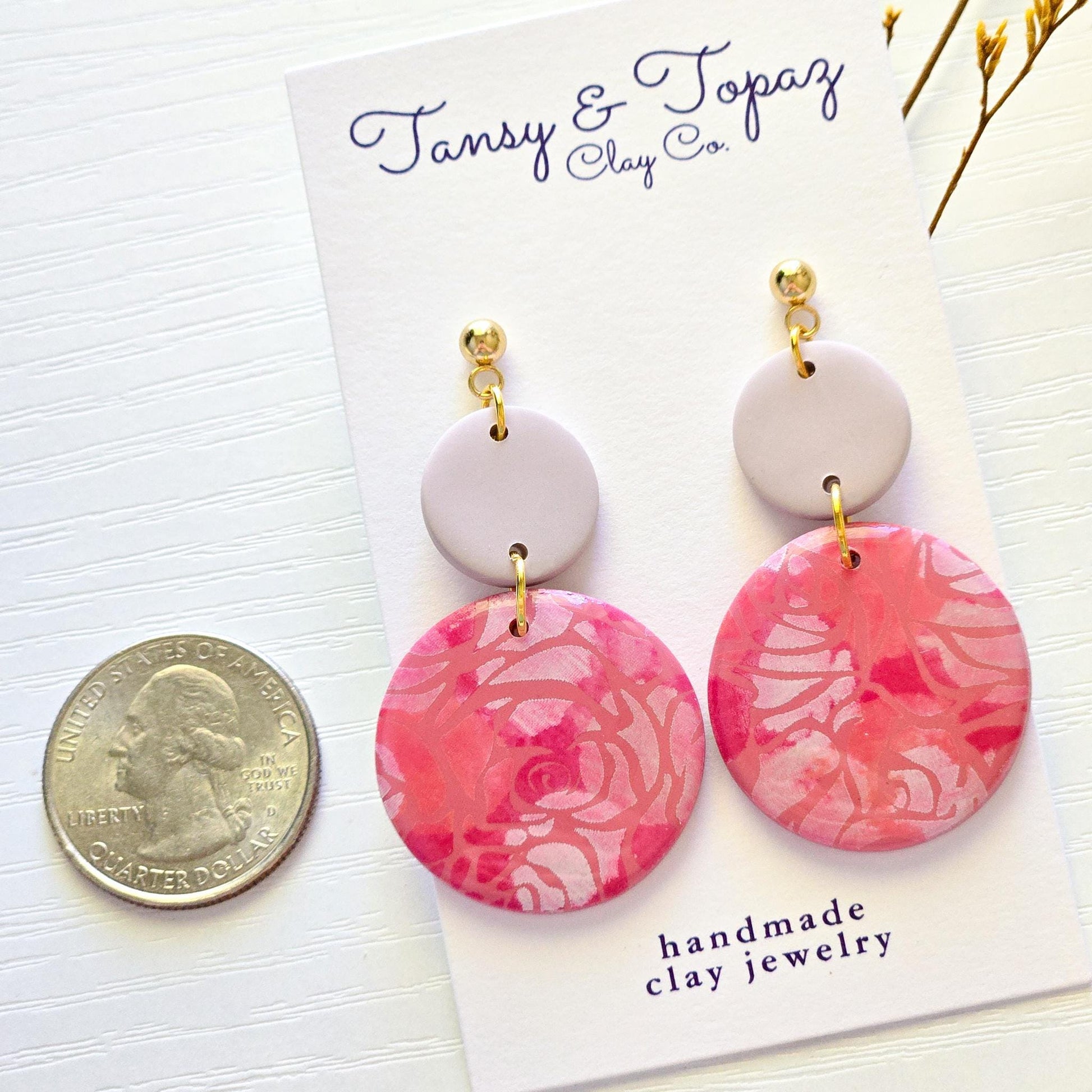 Polymer Clay Earrings: The Ruth - Pink Rose Earrings, Floral Statement Earrings, 18k Gold Jewelry, Gifts for Her, Flower Embossed Earrings
