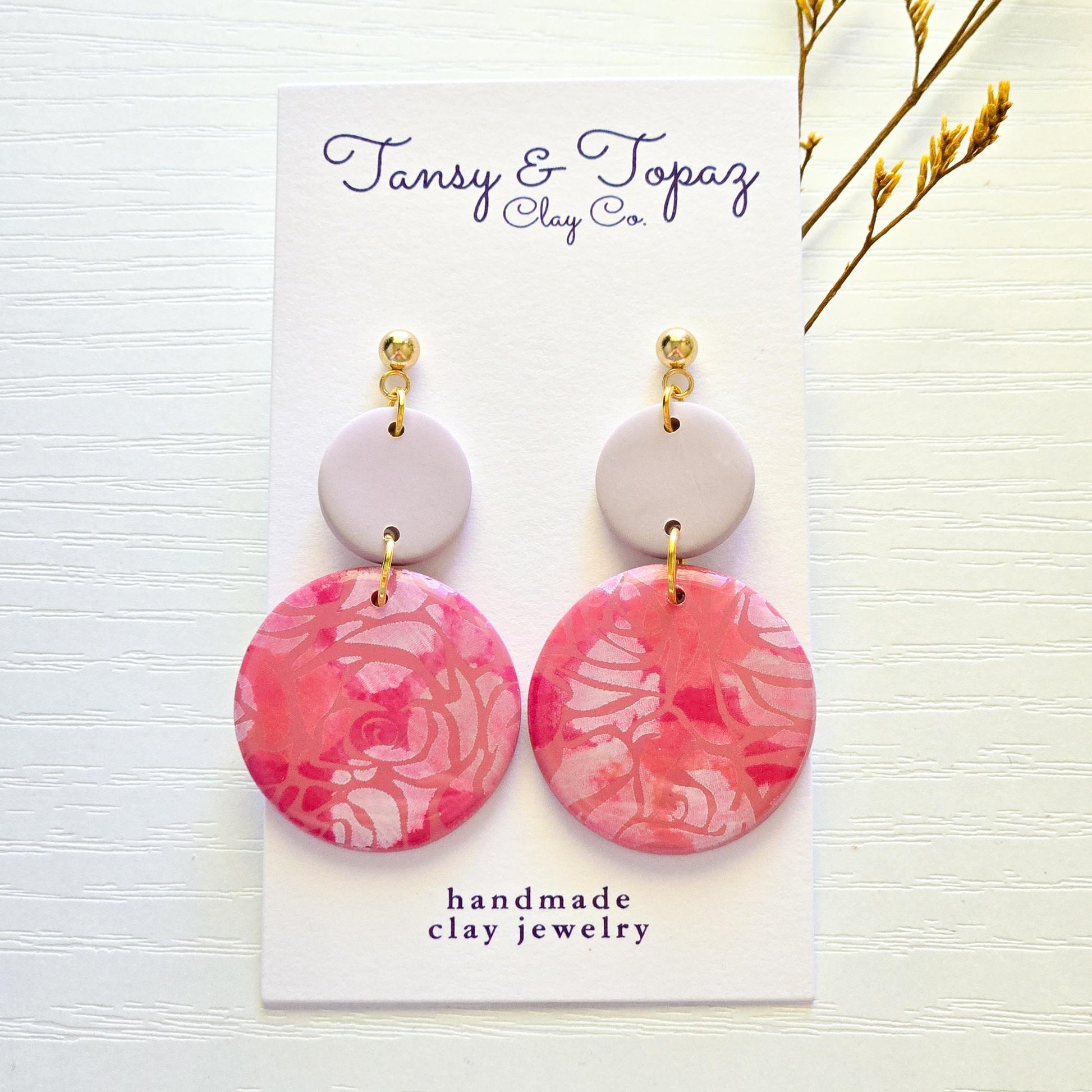 Polymer Clay Earrings: The Ruth - Pink Rose Earrings, Floral Statement Earrings, 18k Gold Jewelry, Gifts for Her, Flower Embossed Earrings