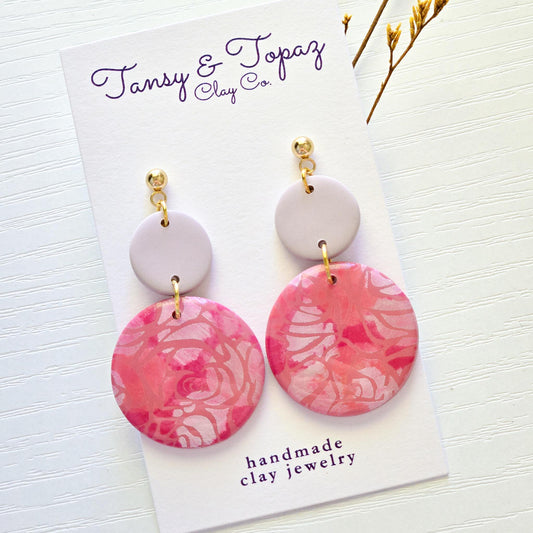 Polymer Clay Earrings: The Ruth - Pink Rose Earrings, Floral Statement Earrings, 18k Gold Jewelry, Gifts for Her, Flower Embossed Earrings