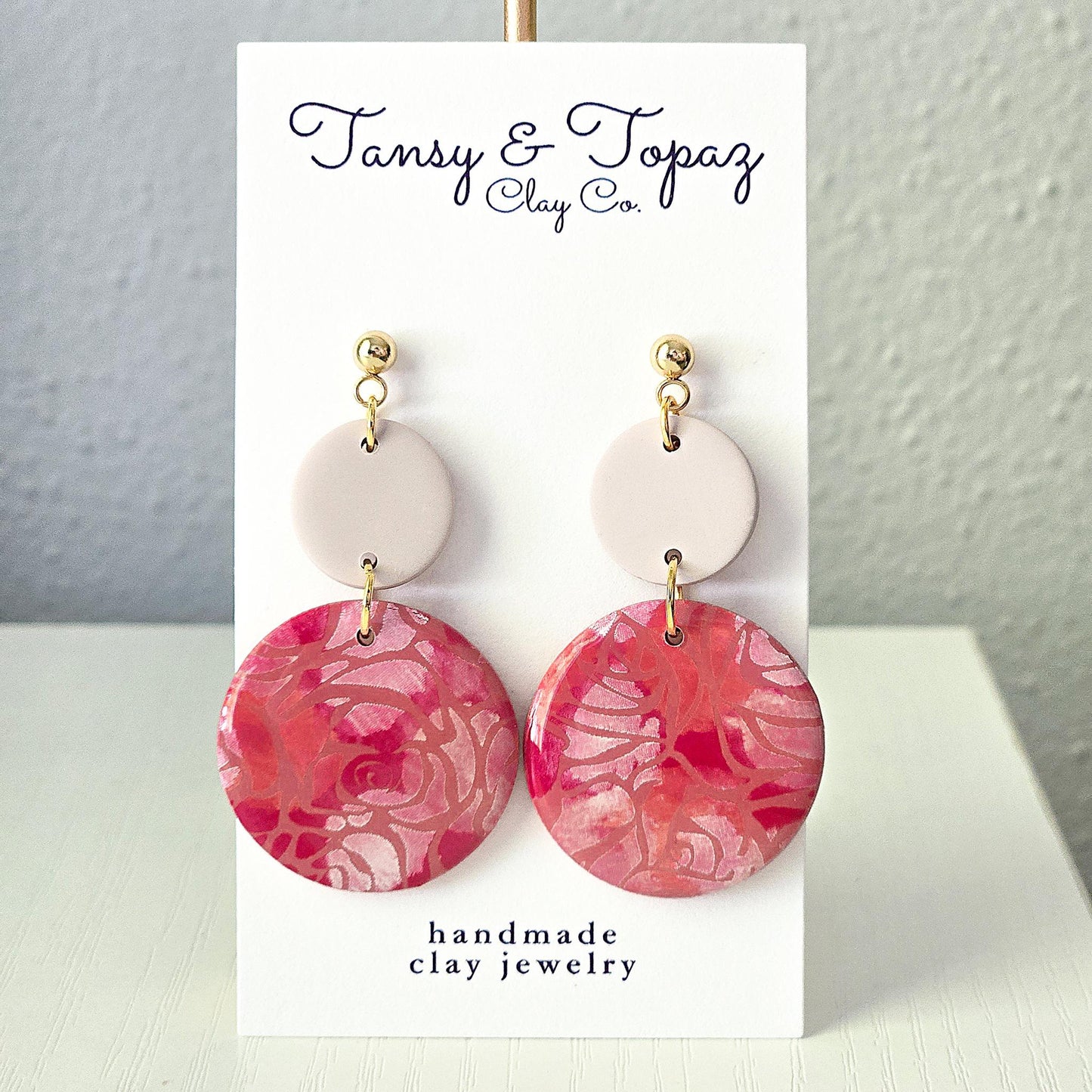 Polymer Clay Earrings: The Ruth - Pink Rose Earrings, Floral Statement Earrings, 18k Gold Jewelry, Gifts for Her, Flower Embossed Earrings