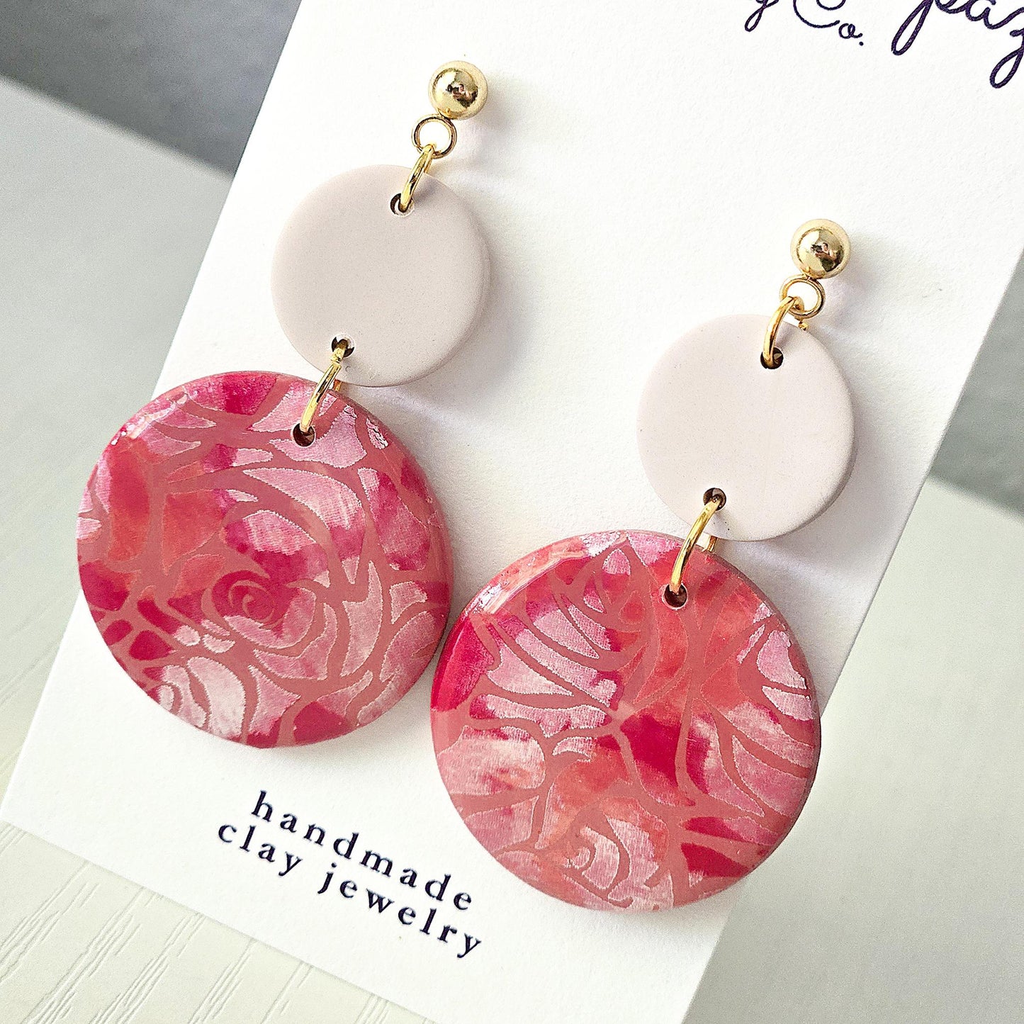 Polymer Clay Earrings: The Ruth - Pink Rose Earrings, Floral Statement Earrings, 18k Gold Jewelry, Gifts for Her, Flower Embossed Earrings