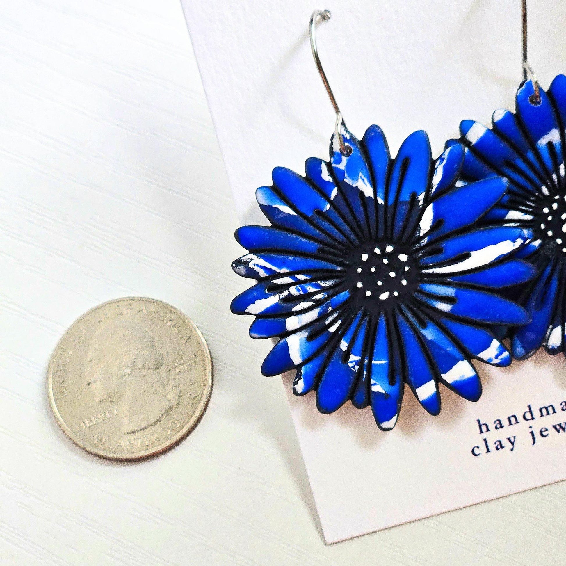 Polymer Clay Earrings: The Paloma - Oversized Flower Earrings, Chrysanthemum Earrings, Daisy Jewelry, Dangle Earrings, Blue and White, Gift
