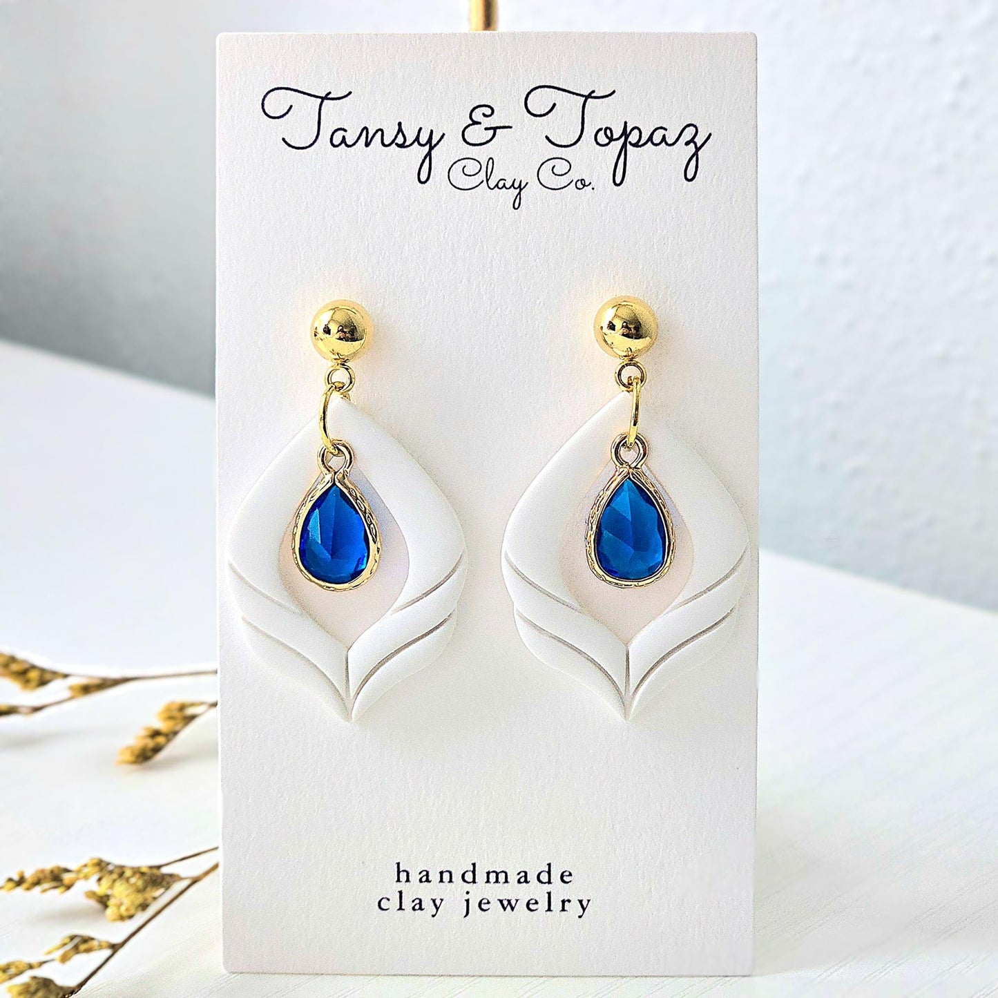 Santorini Inspired, Blue Dangle Earrings, Gold Statement Jewelry, Polymer Clay Earrings, Gift for Her, Handmade Clay Jewelry