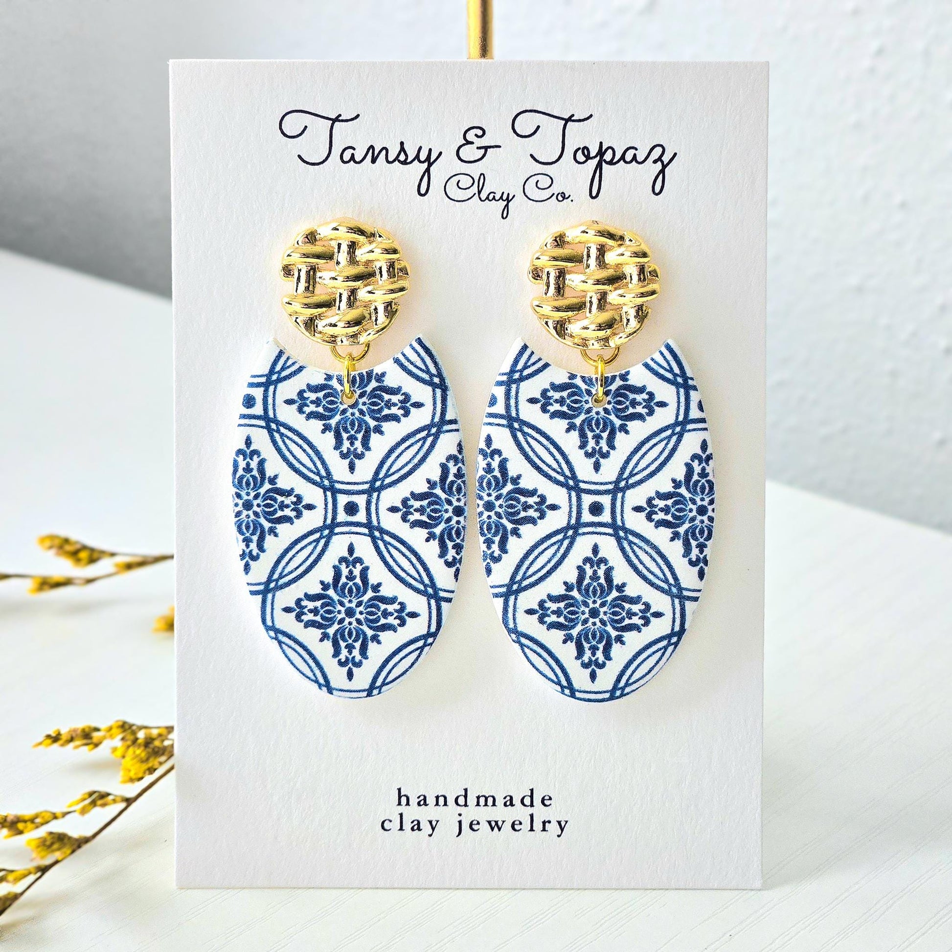 Santorini Inspired, Blue Dangle Earrings, Gold Statement Jewelry, Polymer Clay Earrings, Gift for Her, Handmade Clay Jewelry