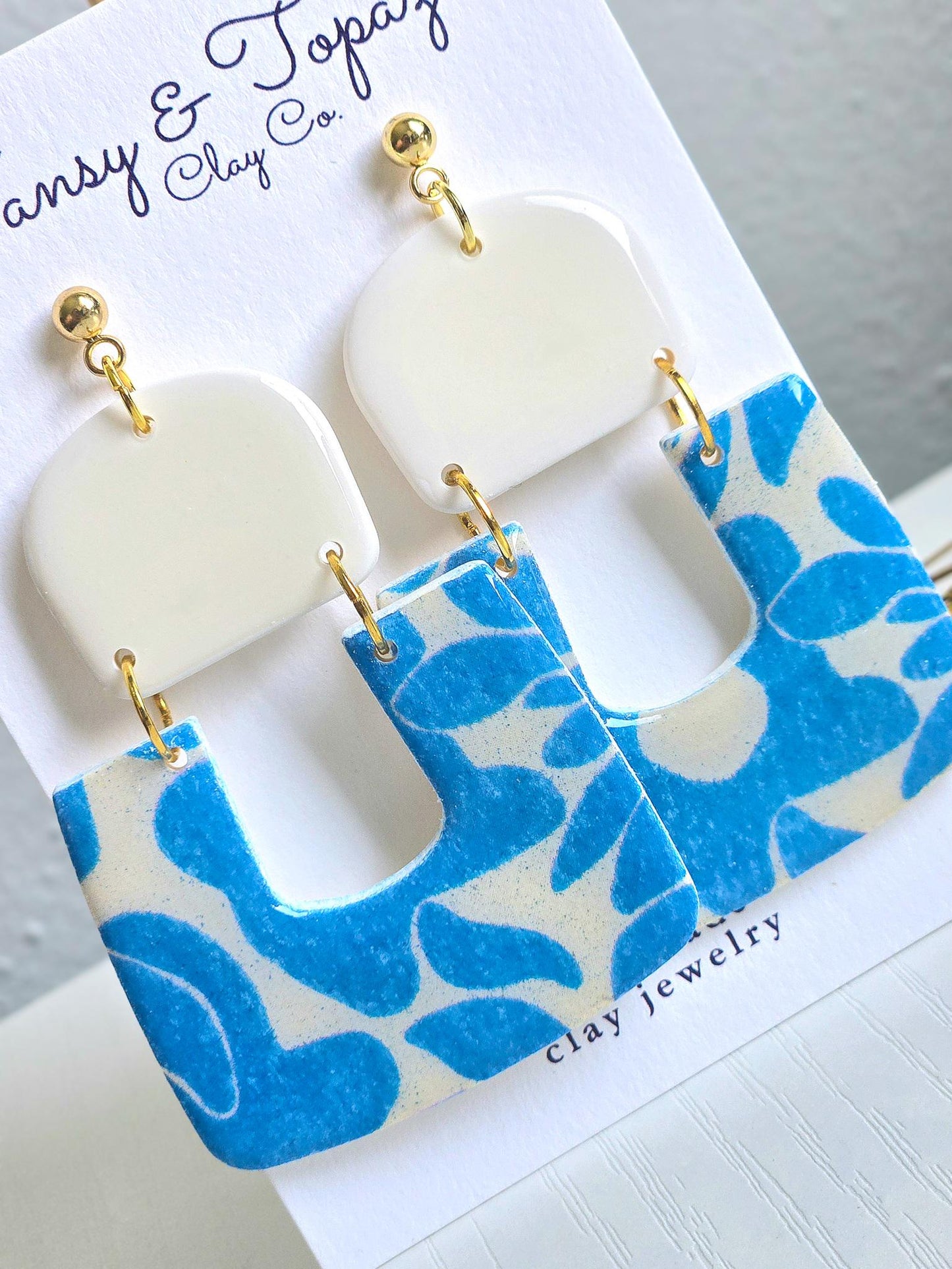 Polymer Clay Earrings: The Lucia - Oversize Dangle Earring, Blue Floral Print, 18k Gold Plated Jewelry, Blue and White Earring, Gift for Her
