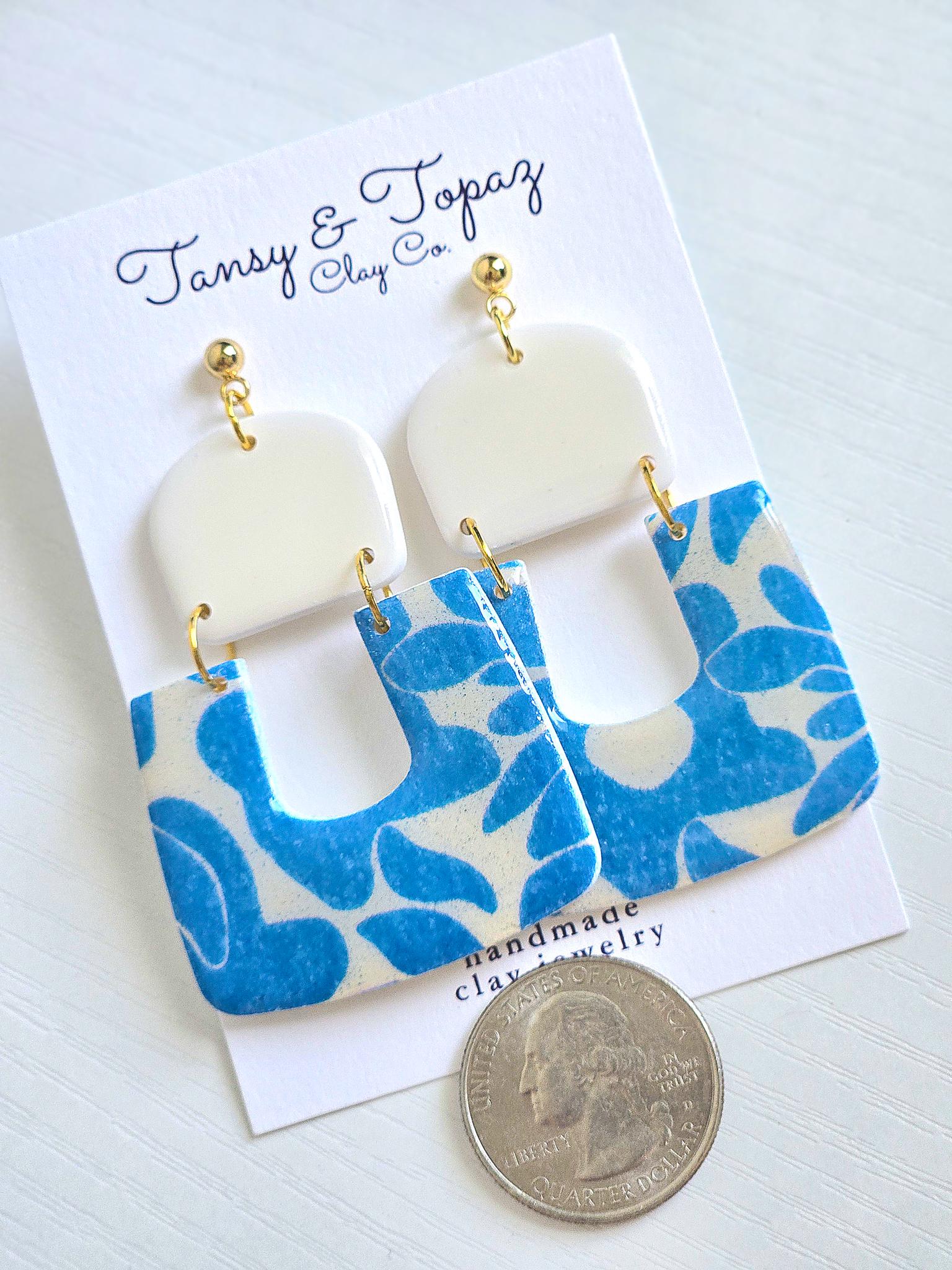 Polymer Clay Earrings: The Lucia - Oversize Dangle Earring, Blue Floral Print, 18k Gold Plated Jewelry, Blue and White Earring, Gift for Her