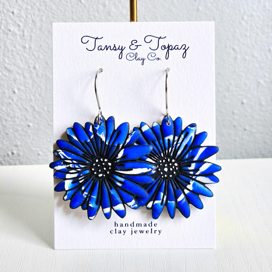 Polymer Clay Earrings: The Paloma - Oversized Flower Earrings, Chrysanthemum Earrings, Daisy Jewelry, Dangle Earrings, Blue and White, Gift
