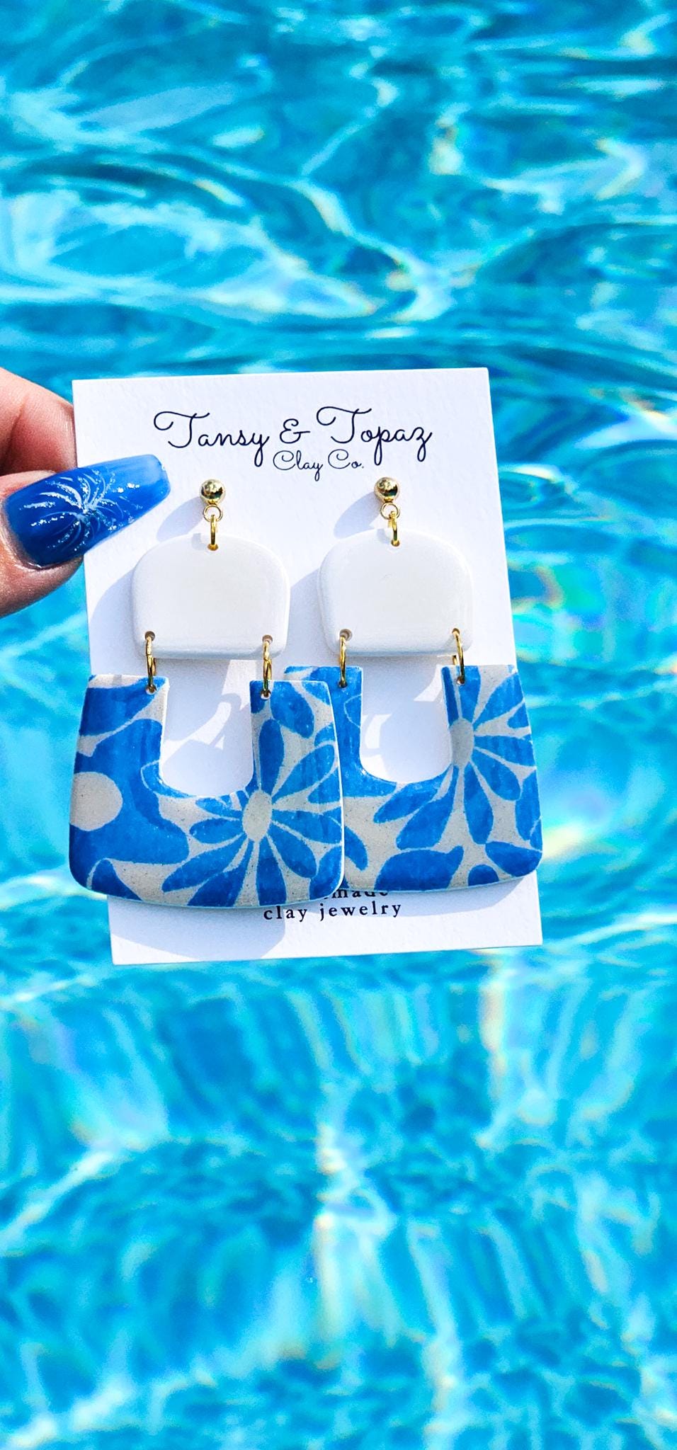 Polymer Clay Earrings: The Lucia - Oversize Dangle Earring, Blue Floral Print, 18k Gold Plated Jewelry, Blue and White Earring, Gift for Her